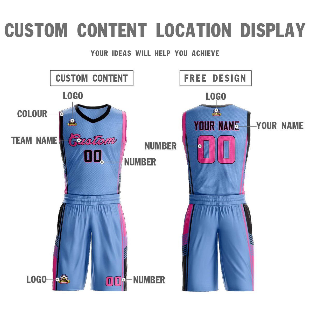 Benutzerdefinierte Hellblau Schwarz-Rosa Klassische Kits Sport Uniform Basketball Jersey