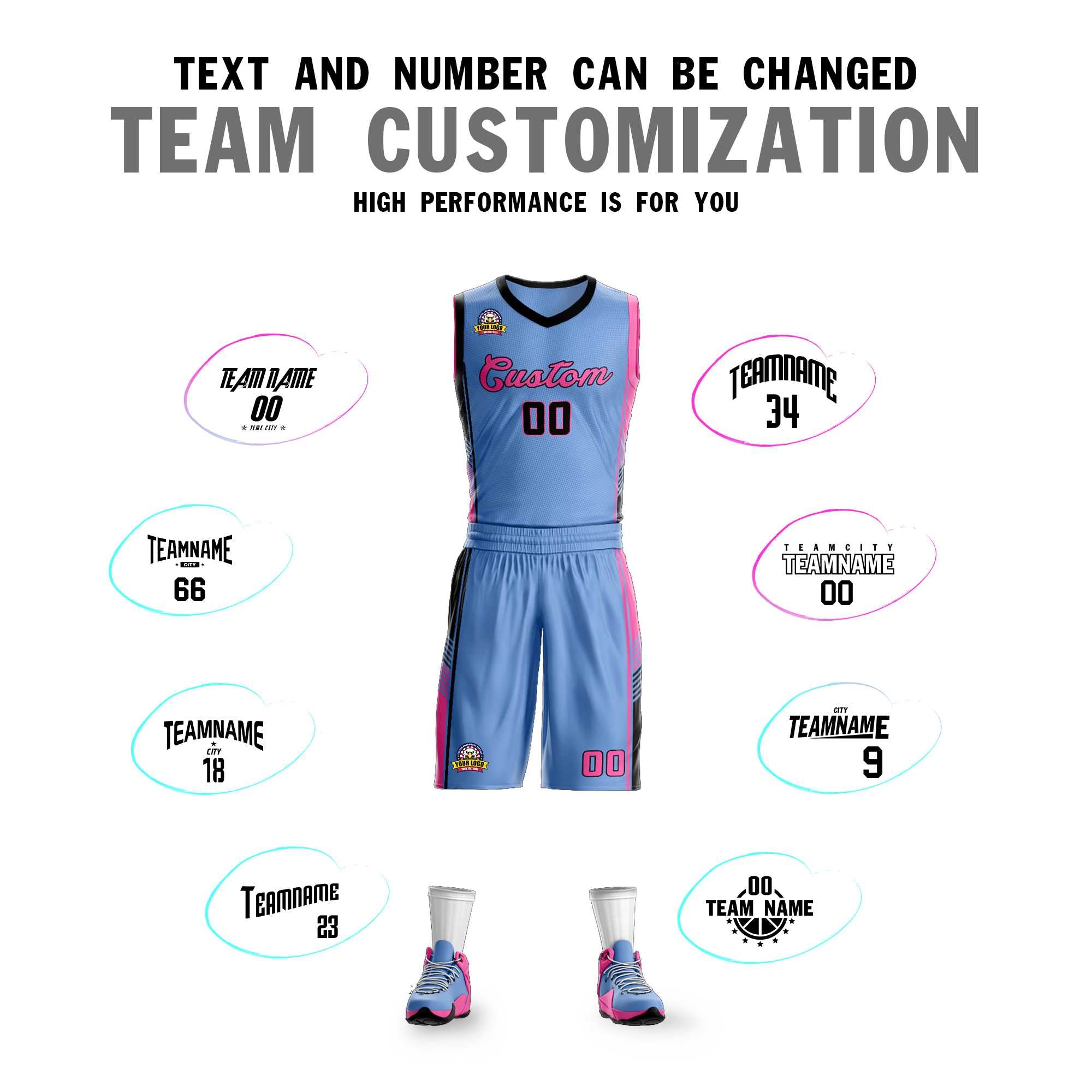 Custom Light Blue Black-Pink Classic Kits Sports Uniform Basketball Jersey