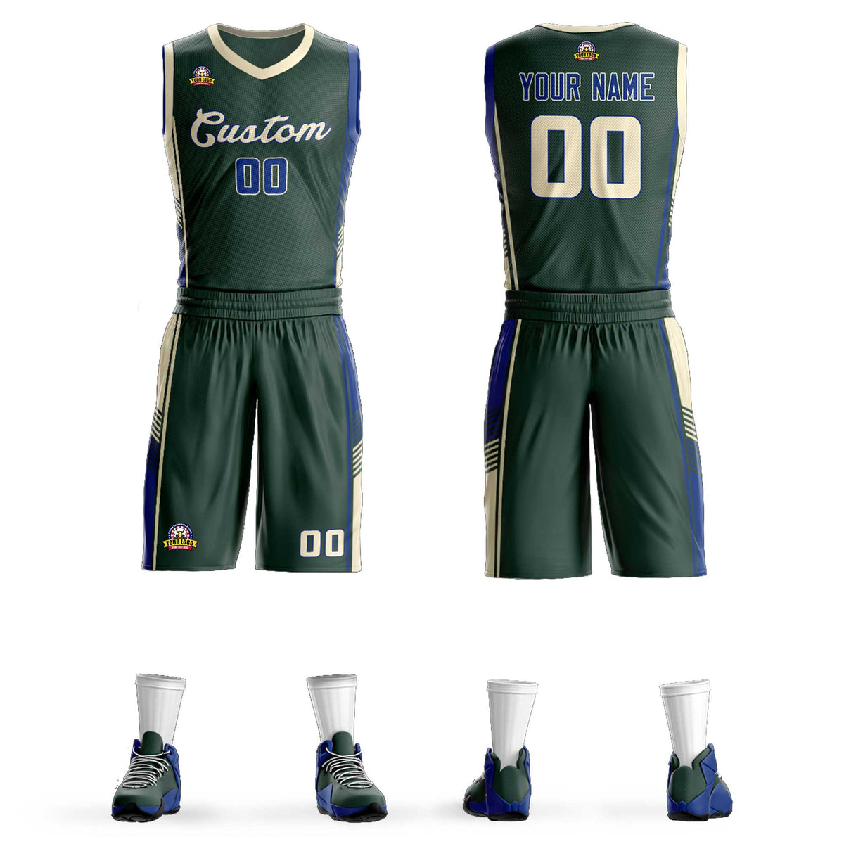Custom Hunter Green Cream-Royal Classic Kits Sports Uniform Basketball Jersey