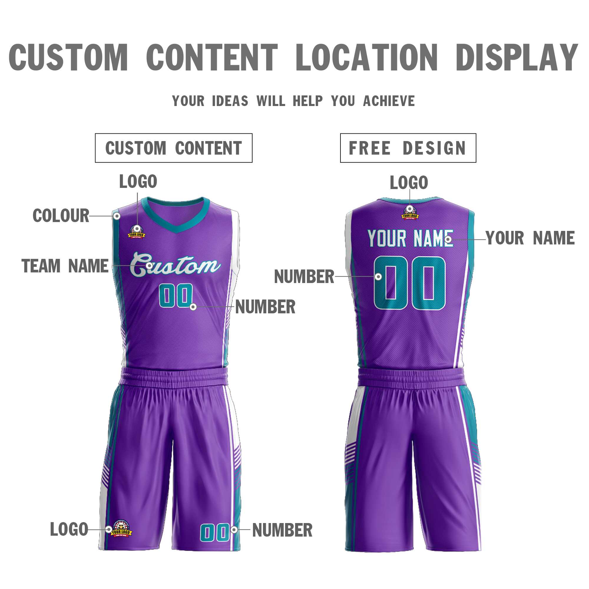 Custom Purple Teal-White Classic Kits Sports Uniform Basketball Jersey