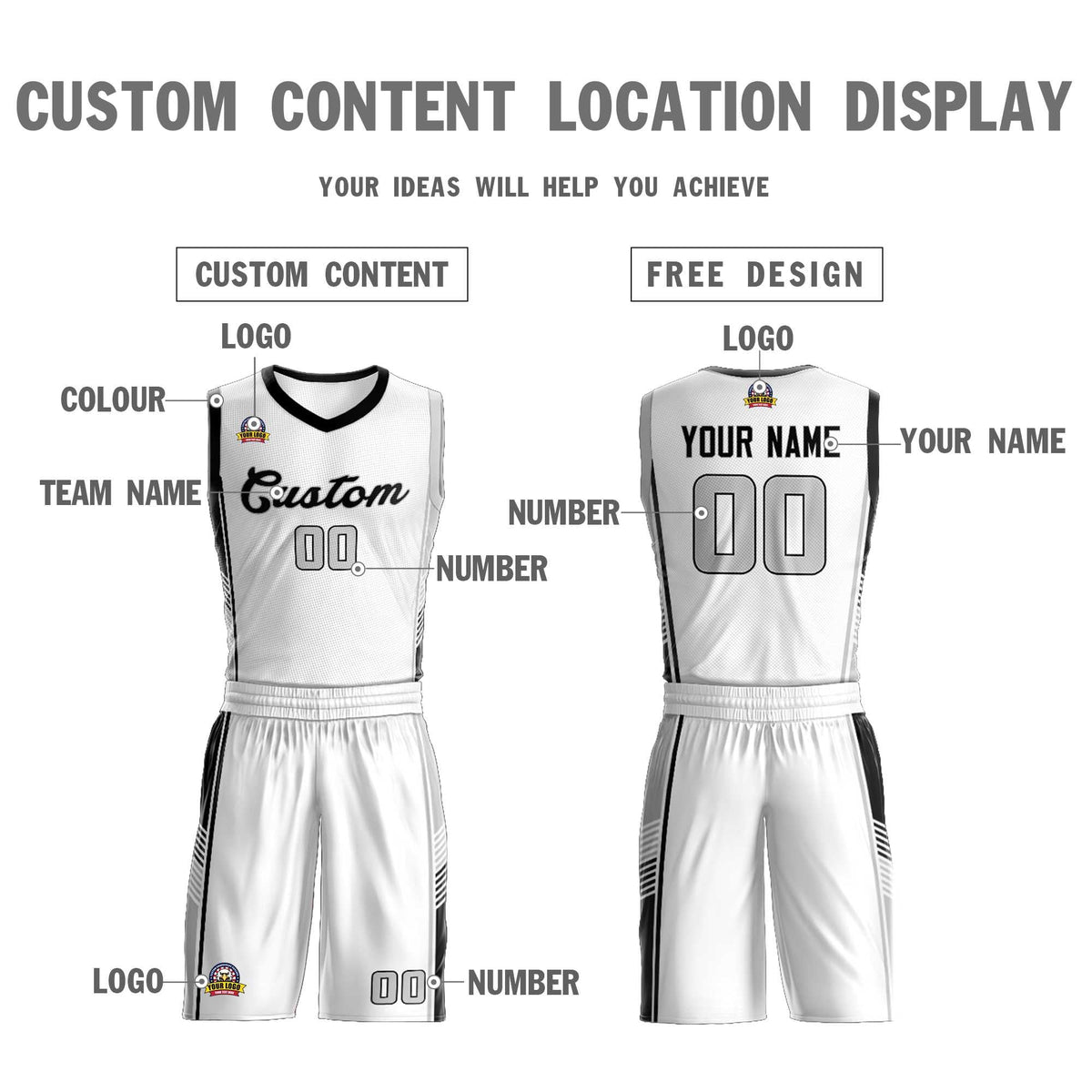 Custom White Black-Light Gray Classic Kits Sports Uniform Basketball Jersey