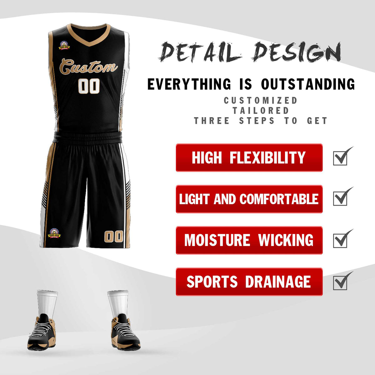 Custom Black Old Gold-White Classic Kits Sports Uniform Basketball Jersey