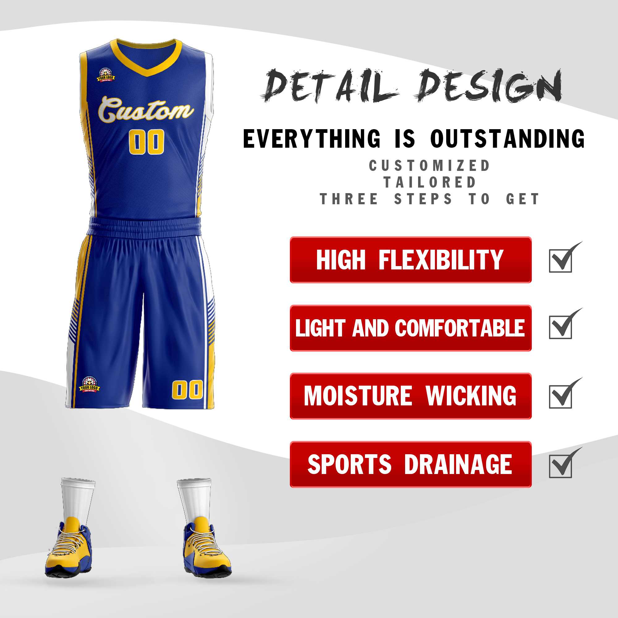 Custom Royal Gold-White Classic Kits Sports Uniform Basketball Jersey