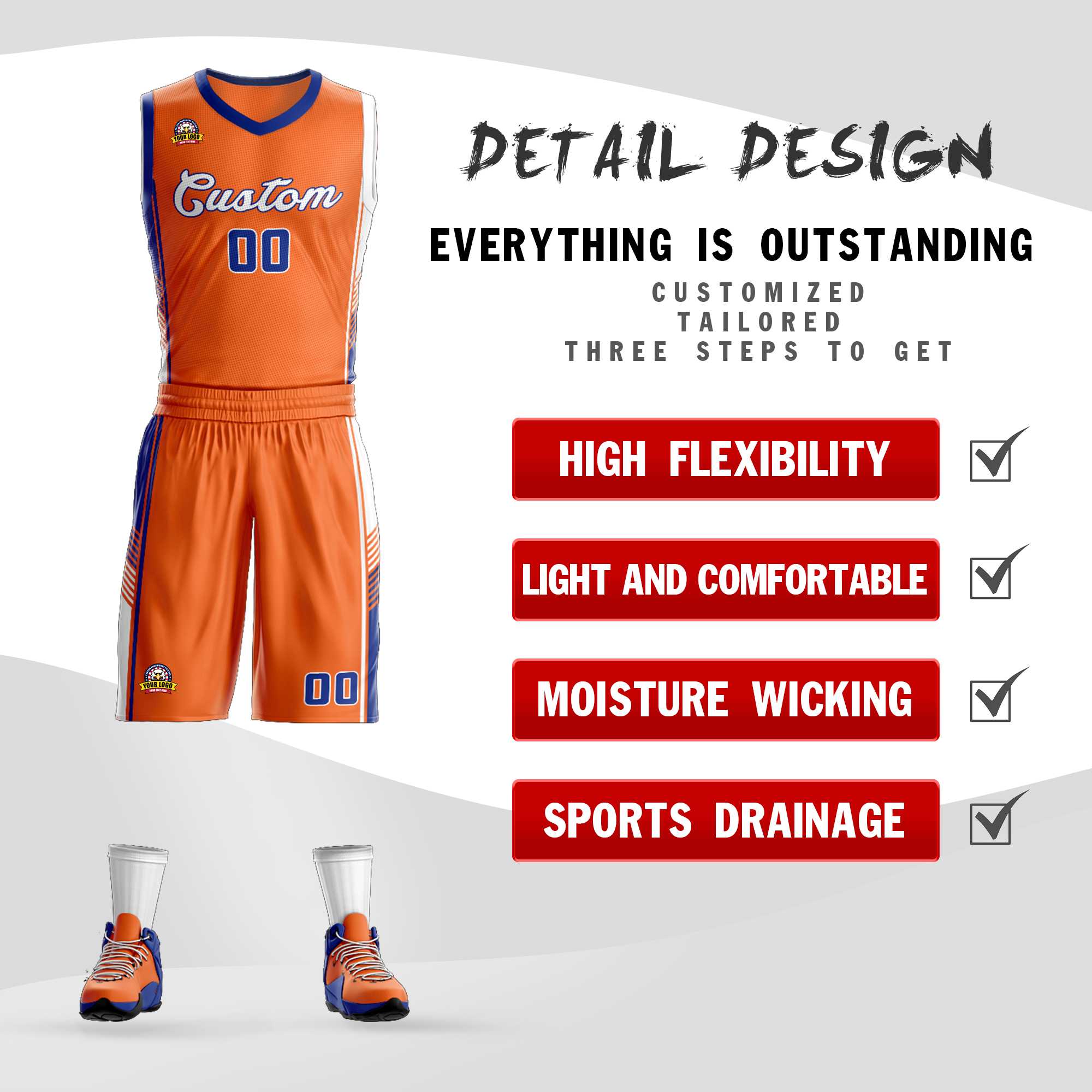 Custom Orange Royal-White Classic Kits Sports Uniform Basketball Jersey