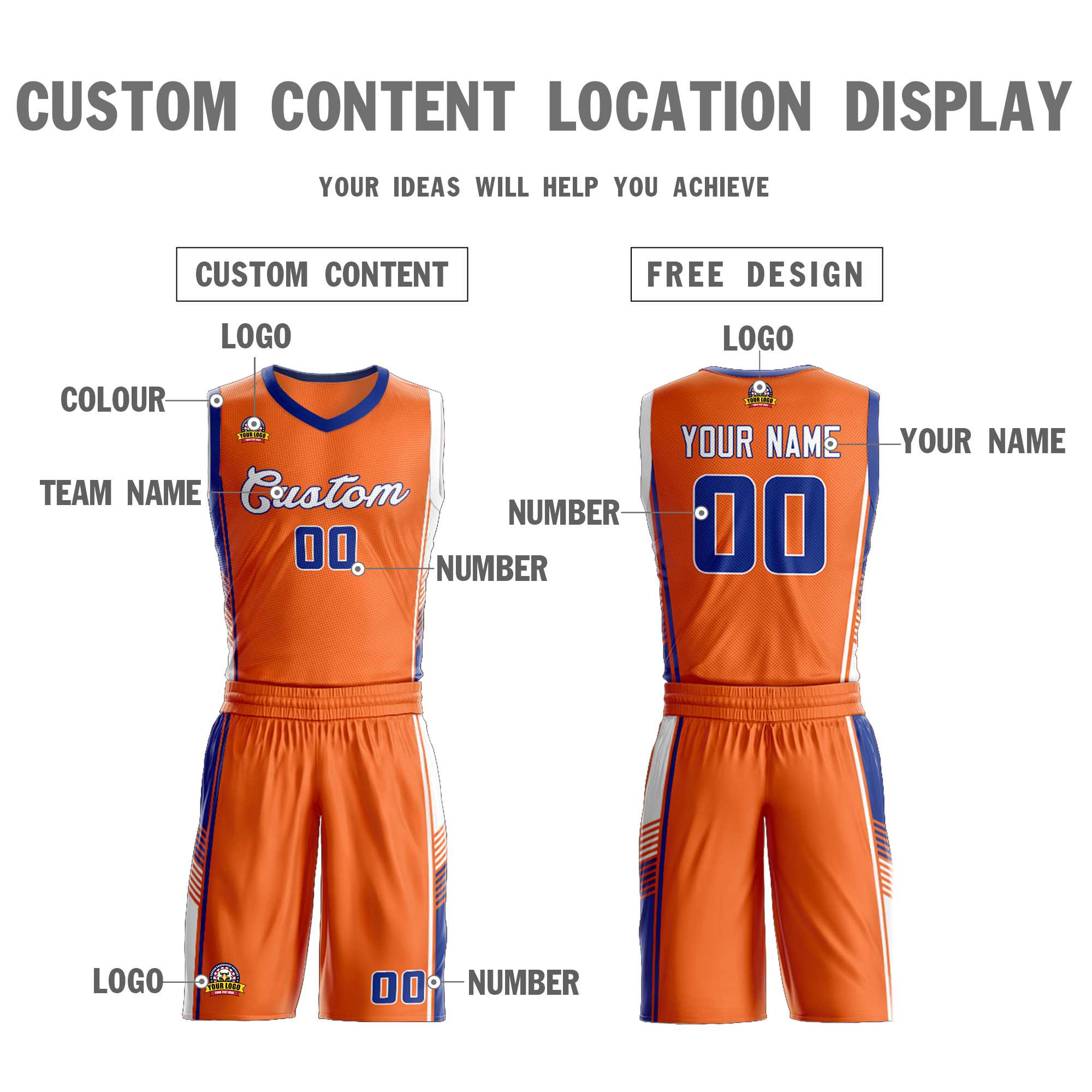 Custom Orange Royal-White Classic Kits Sports Uniform Basketball Jersey