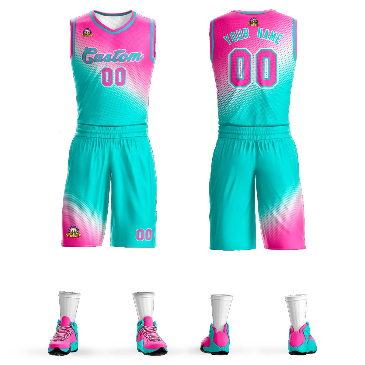 Maillot de basket-ball personnalisé à motif dégradé rose rouge aqua