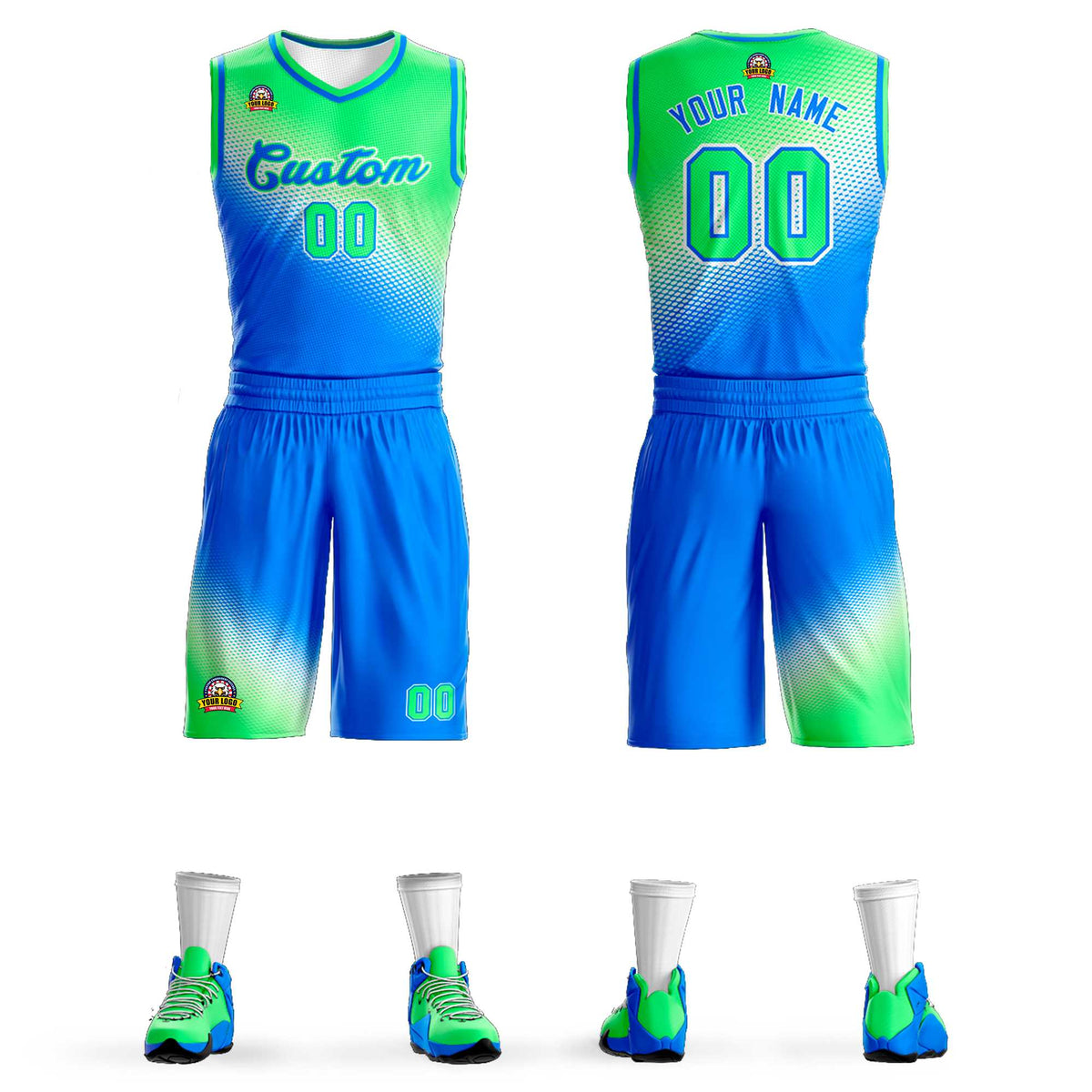 Maillot de basket-ball personnalisé, uniforme sportif, dégradé vert clair et bleu
