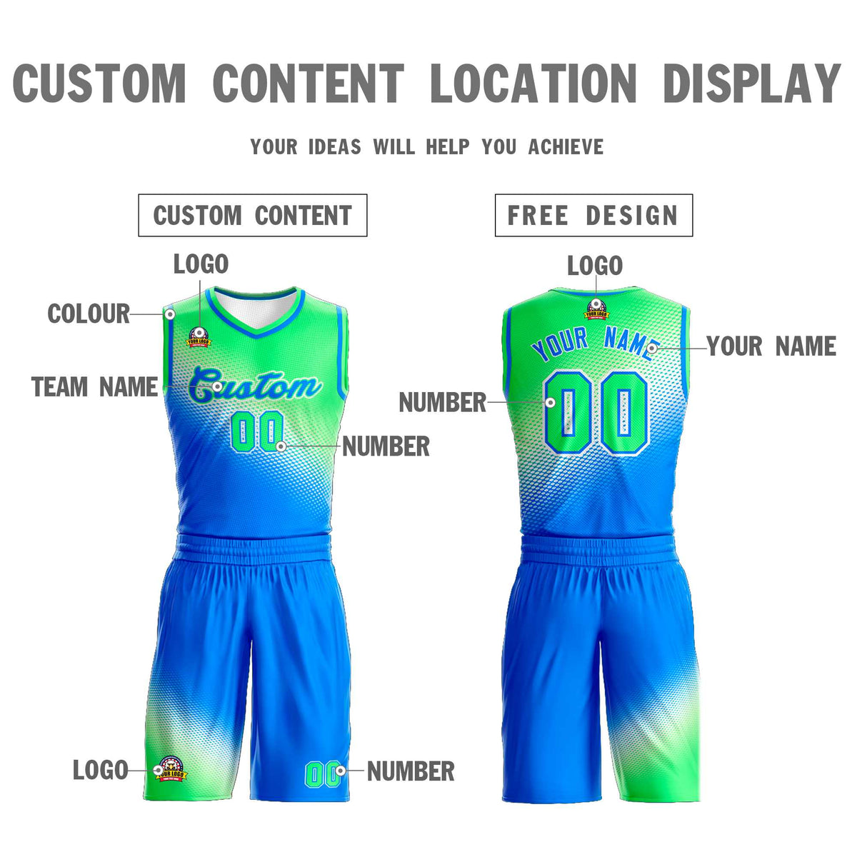 Maillot de basket-ball personnalisé, uniforme sportif, dégradé vert clair et bleu