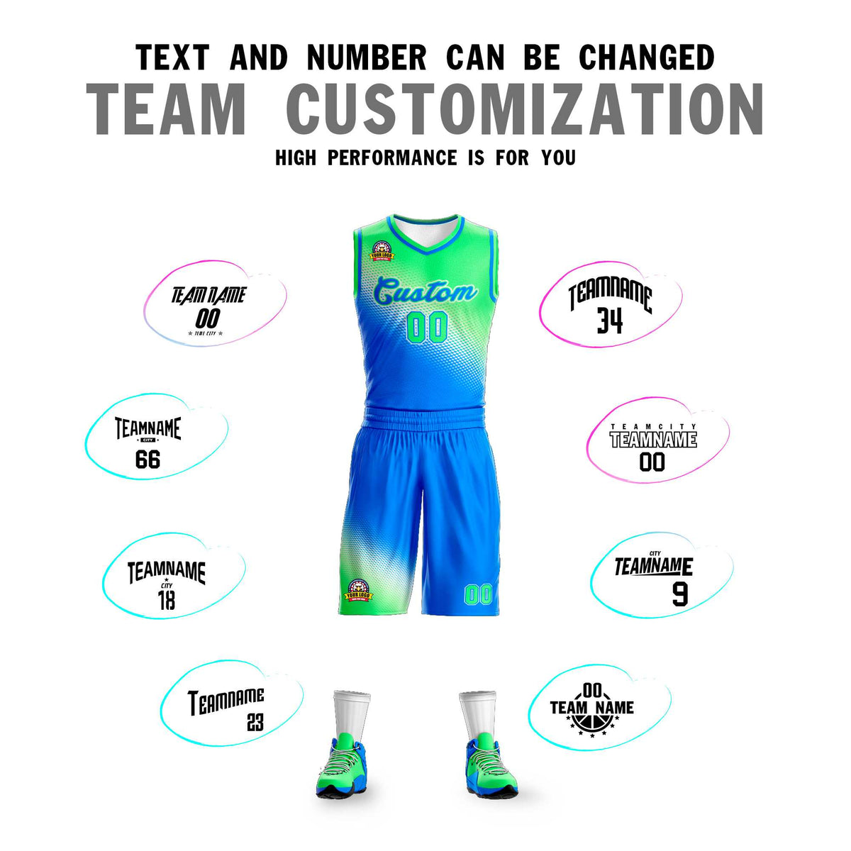 Maillot de basket-ball personnalisé, uniforme sportif, dégradé vert clair et bleu