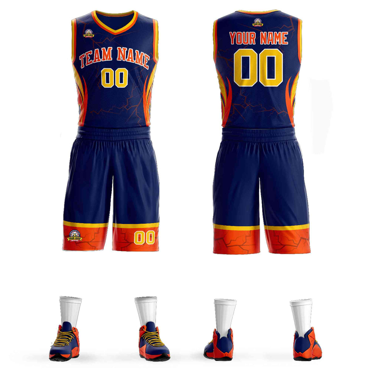 Custom Navy Orange-White Graffiti Pattern Kits Lightning Basketball Jersey