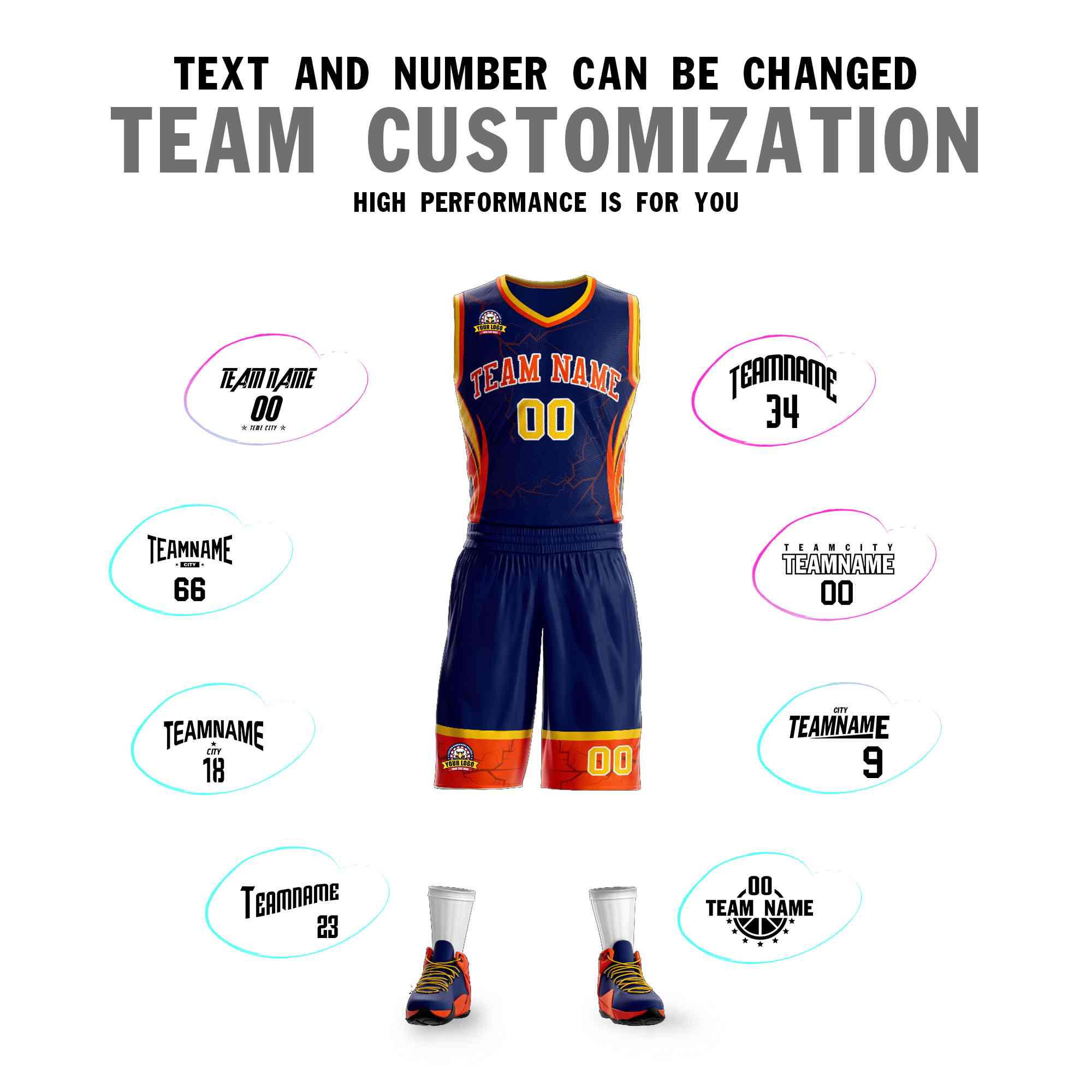 Custom Navy Orange-White Graffiti Pattern Kits Lightning Basketball Jersey