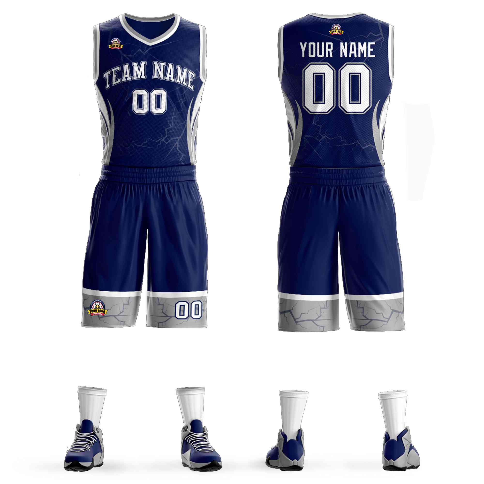 Custom Navy White-Navy Graffiti Pattern Kits Lightning Basketball Jersey