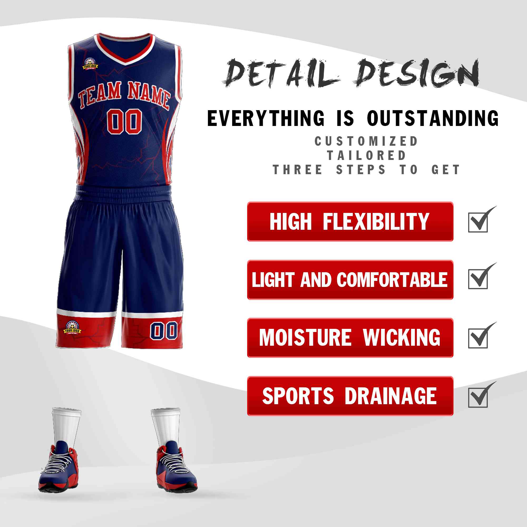 Custom Navy Red-White Graffiti Pattern Kits Lightning Basketball Jersey