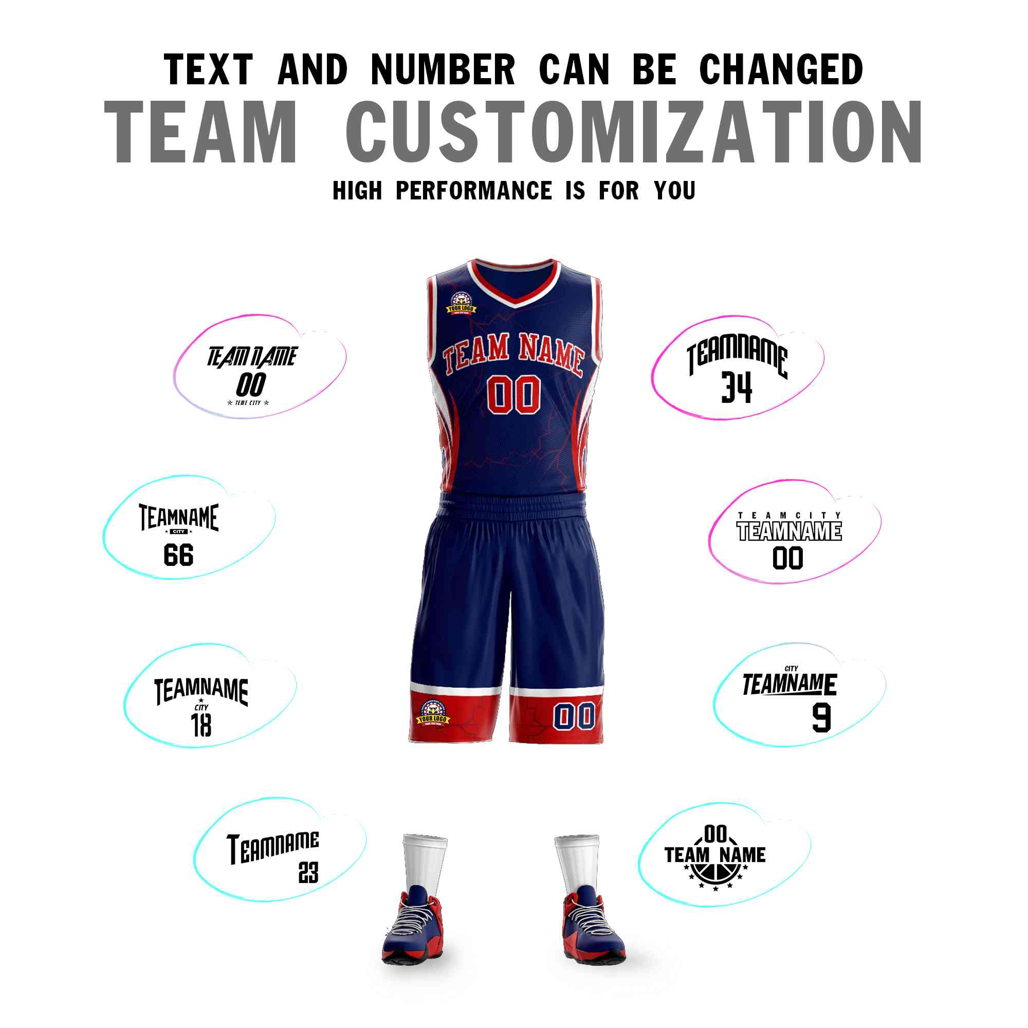 Custom Navy Red-White Graffiti Pattern Kits Lightning Basketball Jersey