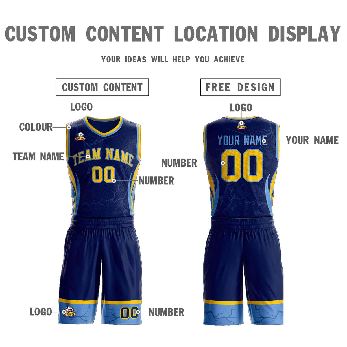 Custom Navy Gold-Light Blue Graffiti Pattern Kits Lightning Basketball Jersey
