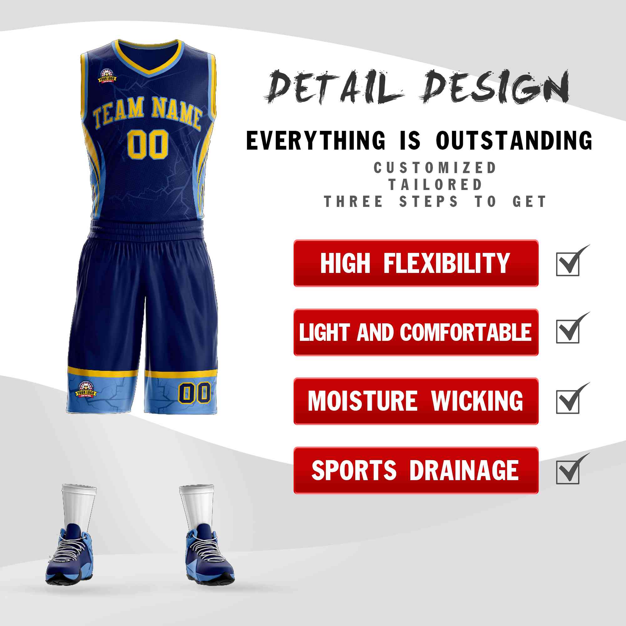 Custom Navy Gold-Light Blue Graffiti Pattern Kits Lightning Basketball Jersey