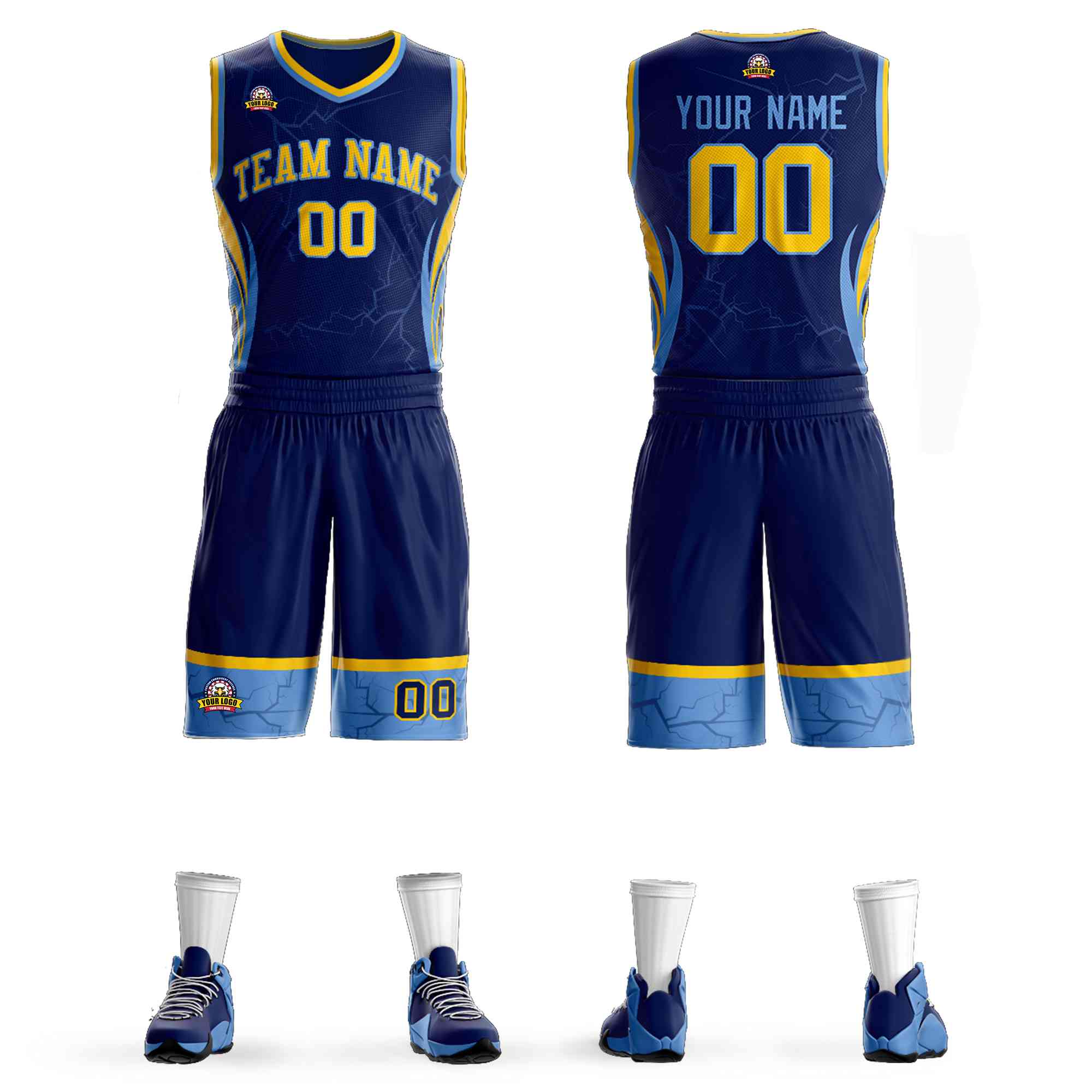 Custom Navy Gold-Light Blue Graffiti Pattern Kits Lightning Basketball Jersey