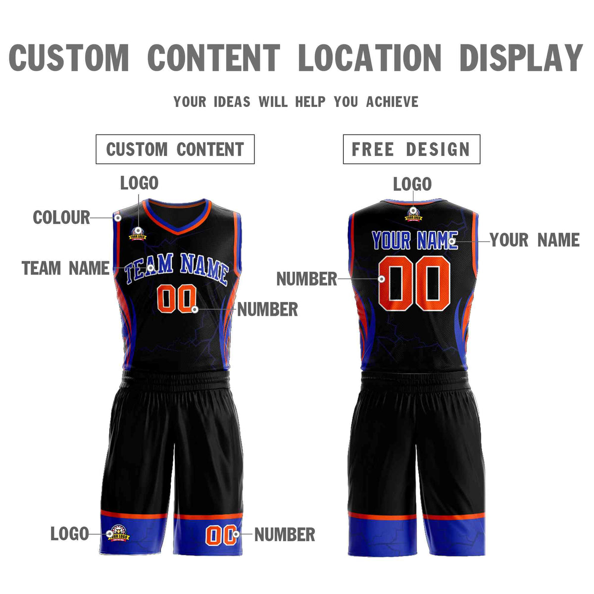Custom Black Royal-White Graffiti Pattern Kits Lightning Basketball Jersey