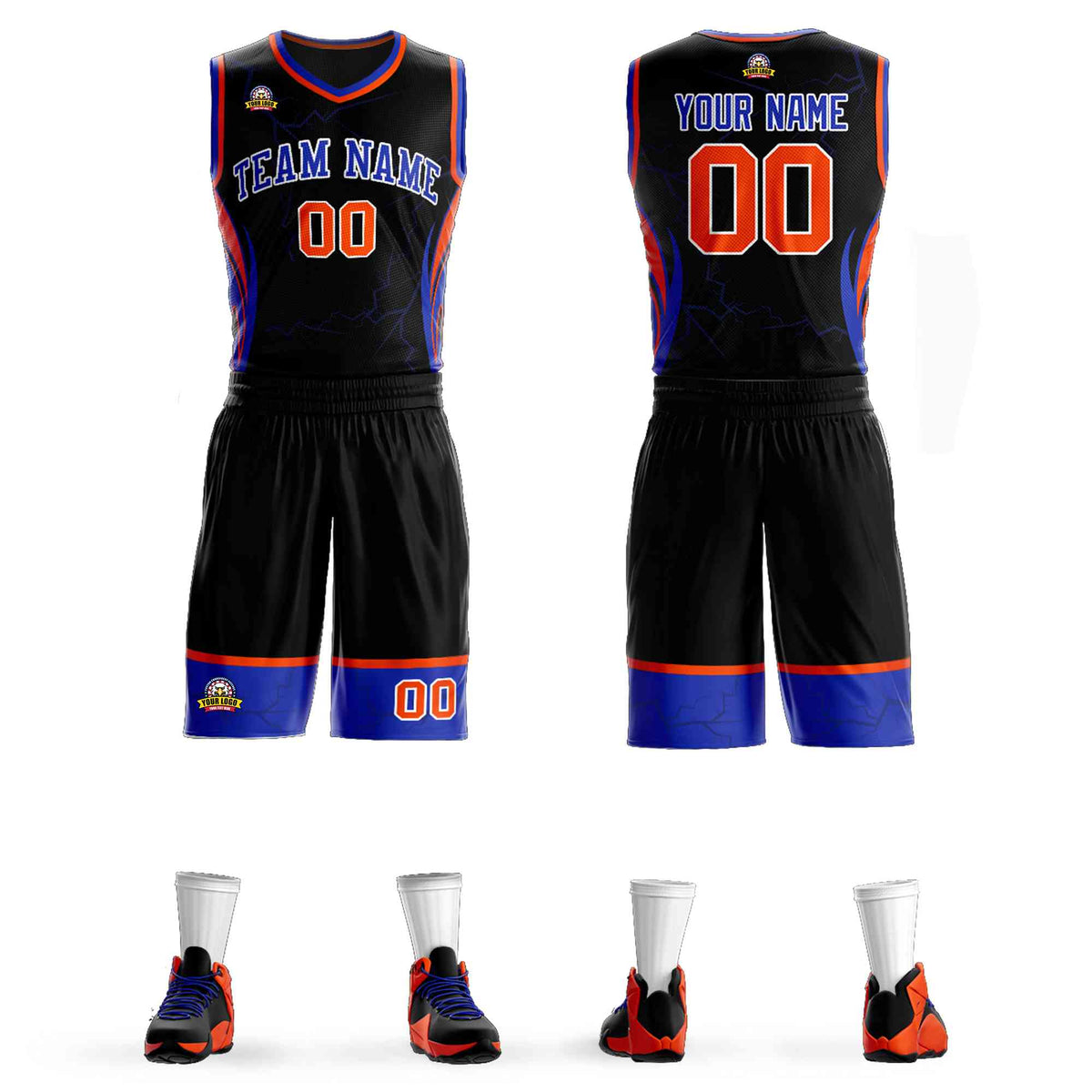 Custom Navy Orange-White Graffiti Pattern kits Lightning Basketball Jersey | KXKSHOP