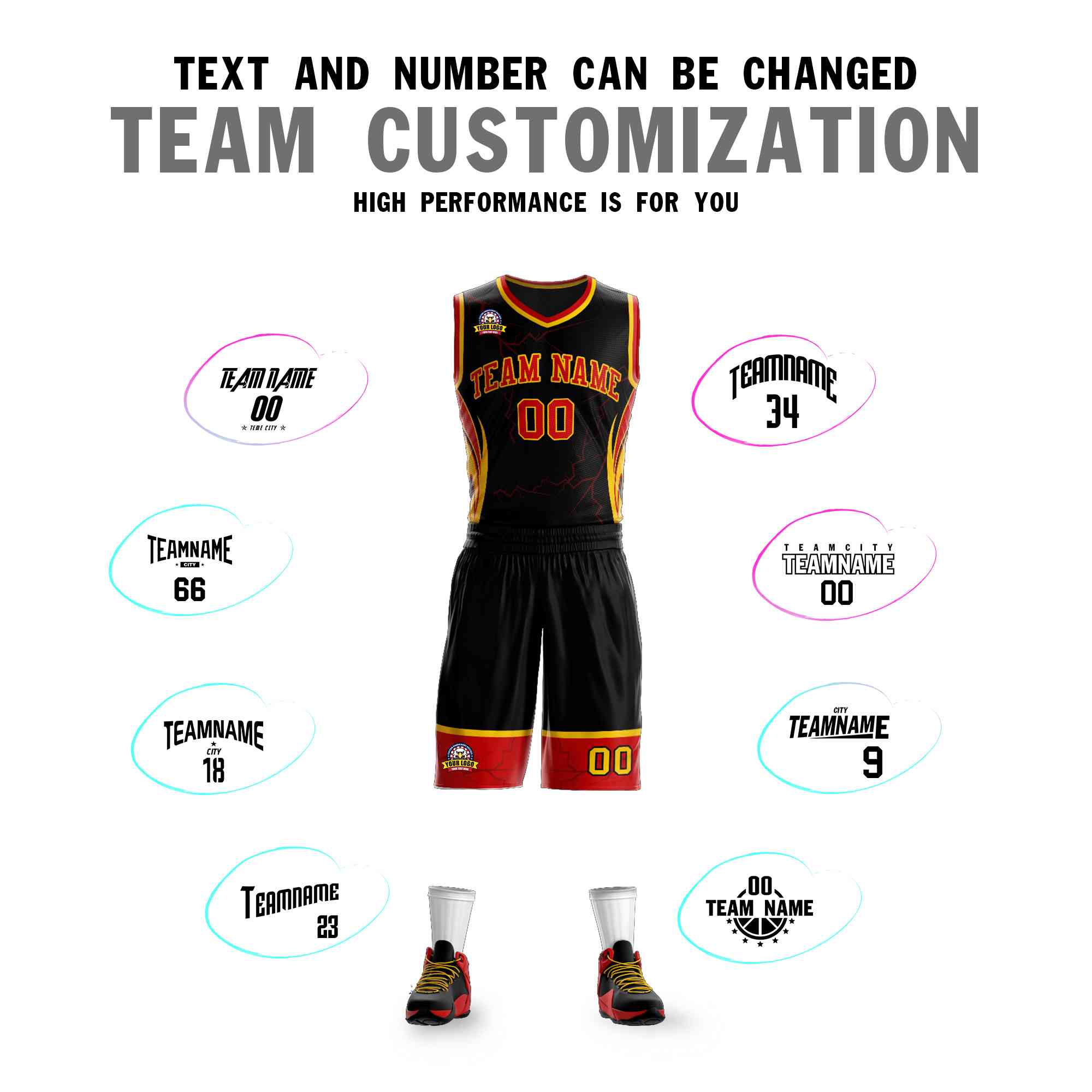 Custom Black Red-Gold Graffiti Pattern Kits Lightning Basketball Jersey