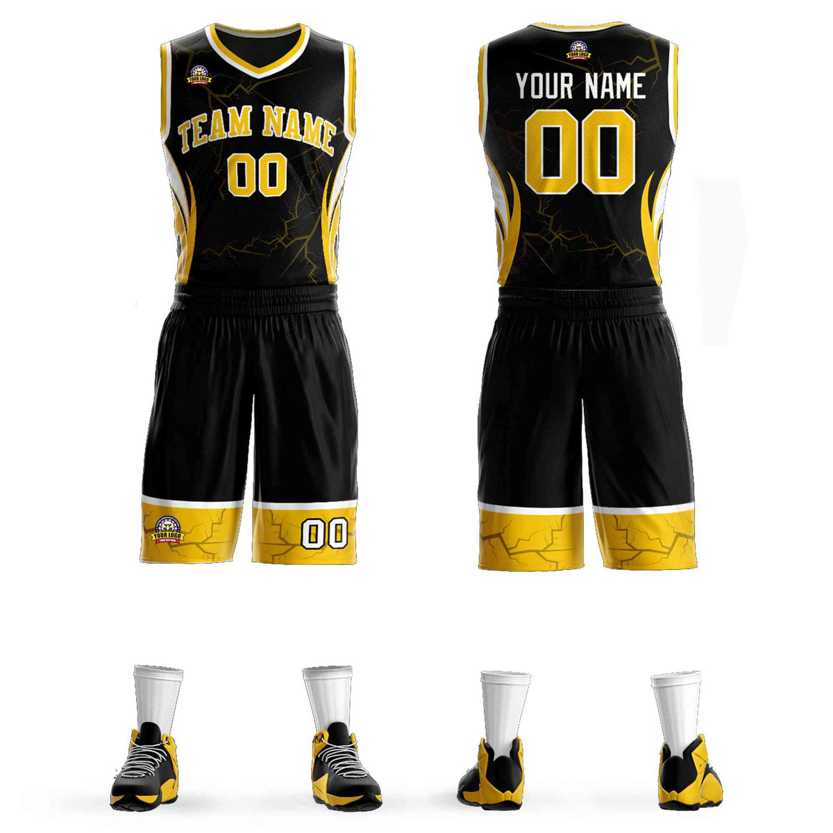 Custom Black Gold-White Graffiti Pattern Kits Lightning Basketball Jersey
