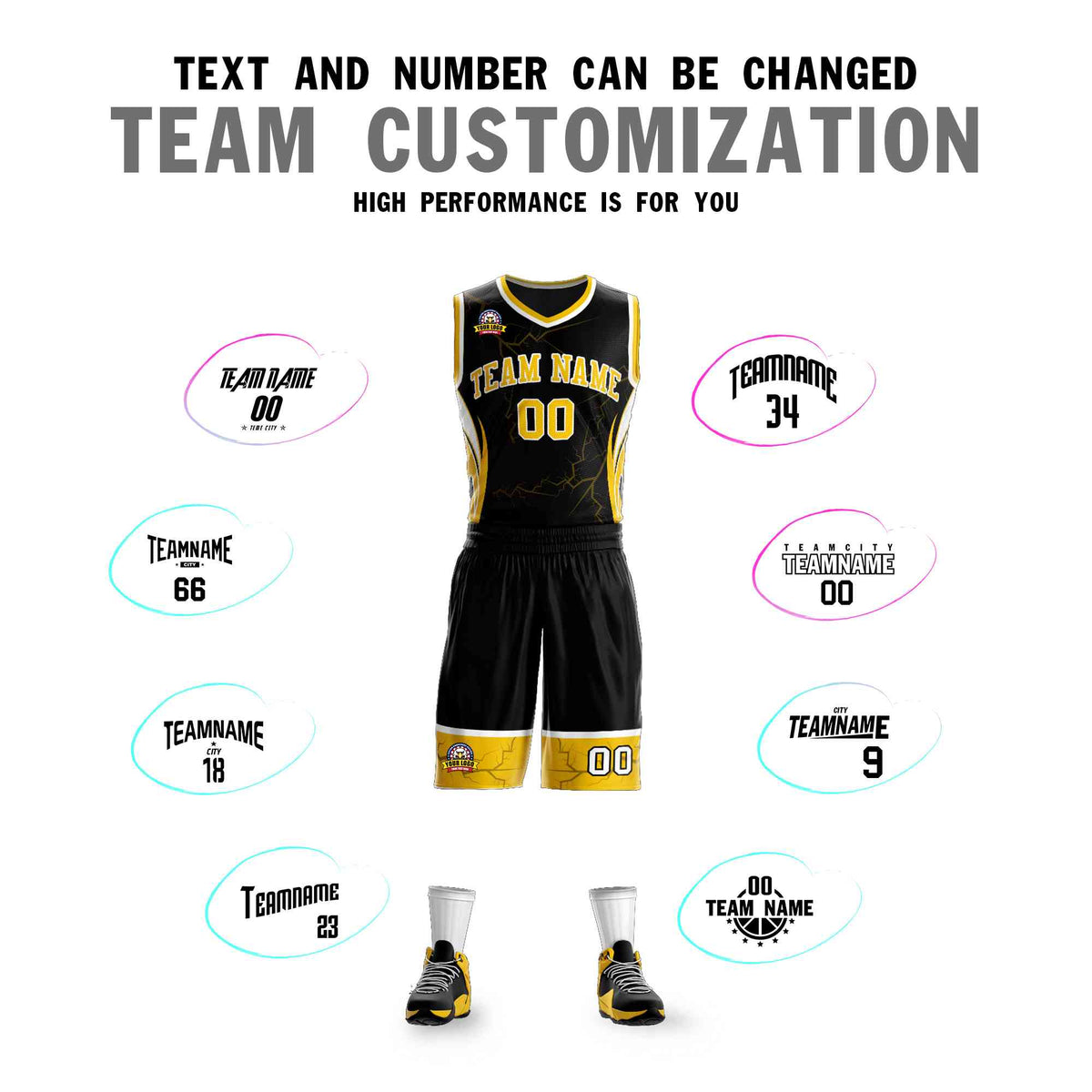 Custom Black Gold-White Graffiti Pattern Kits Lightning Basketball Jersey