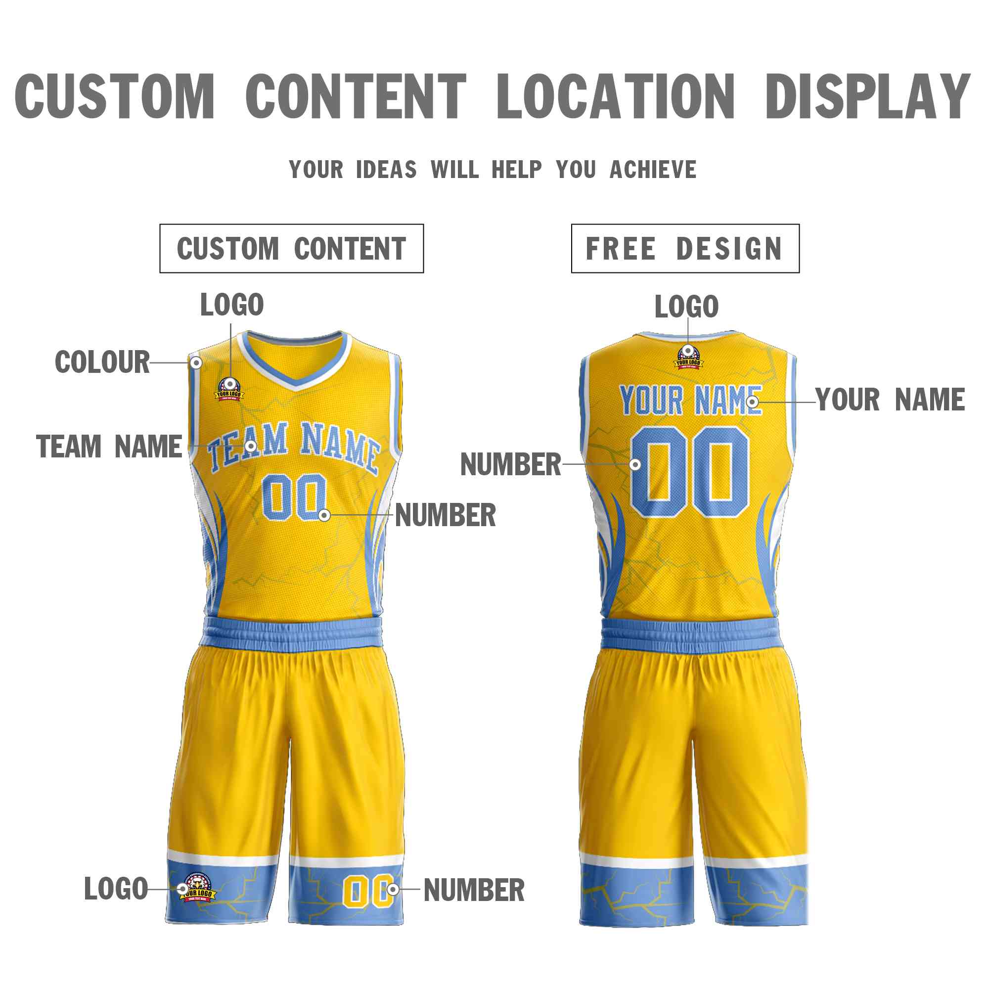 Custom Gold Light Blue-White Graffiti Pattern Kits Lightning Basketball Jersey