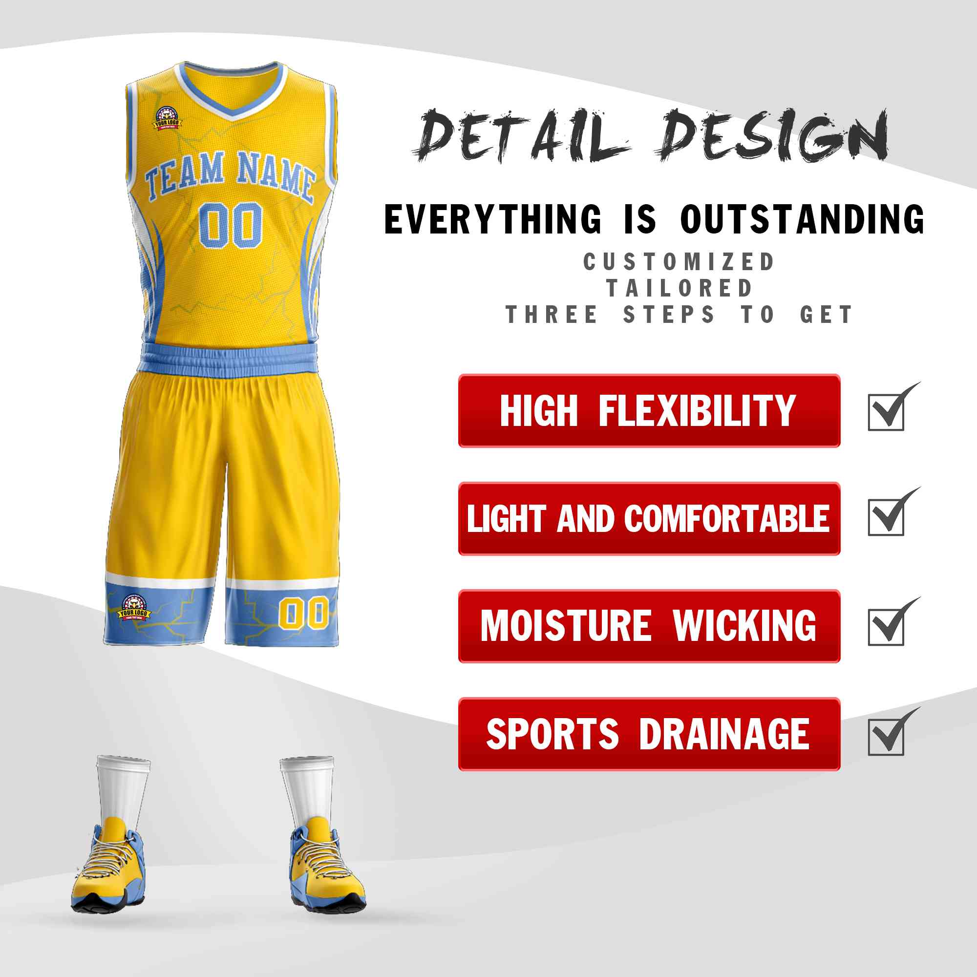 Custom Gold Light Blue-White Graffiti Pattern Kits Lightning Basketball Jersey