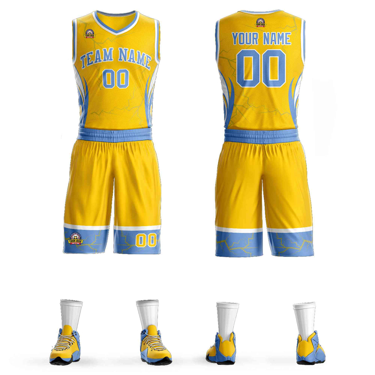 Custom Gold Light Blue-White Graffiti Pattern Kits Lightning Basketball Jersey