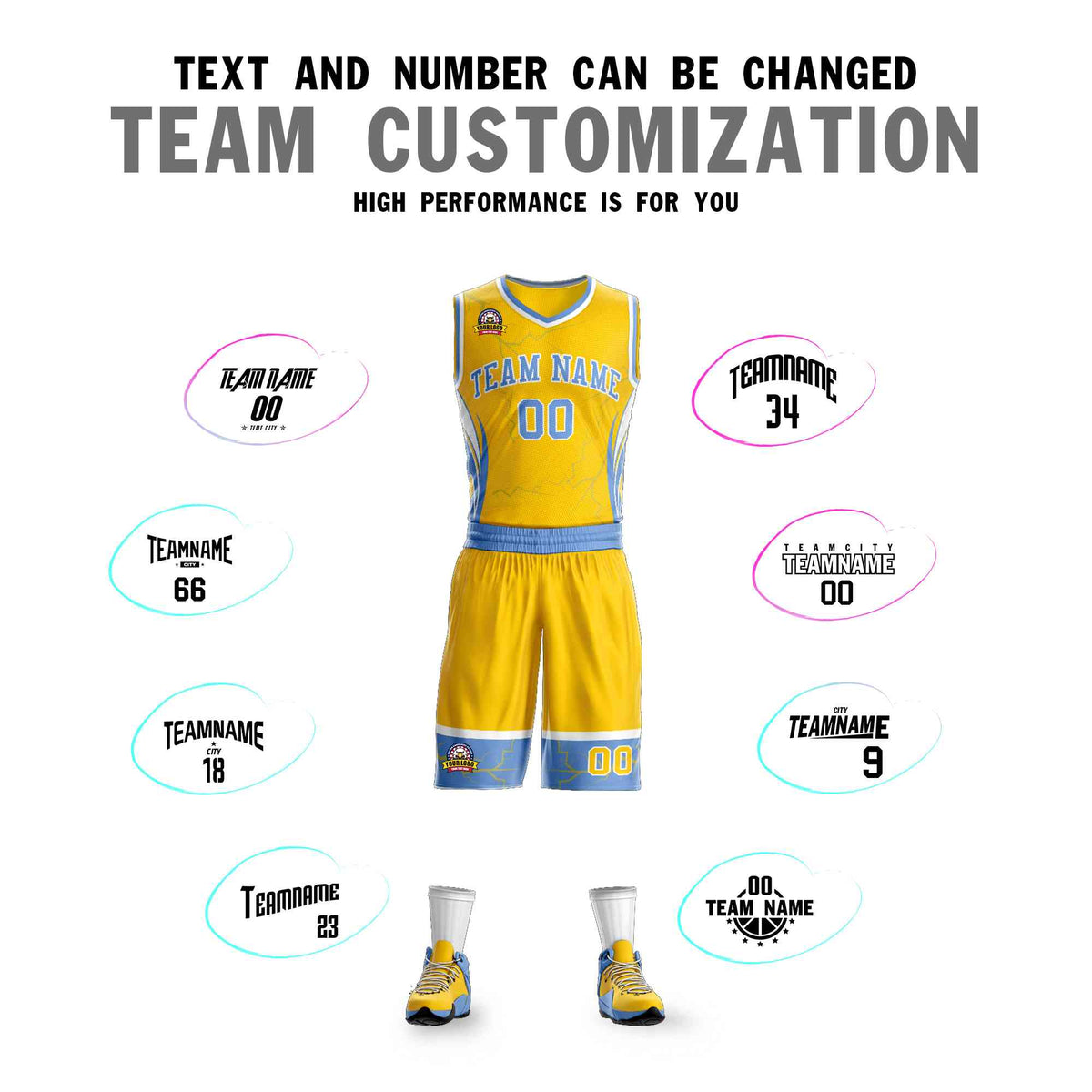 Custom Gold Light Blue-White Graffiti Pattern Kits Lightning Basketball Jersey