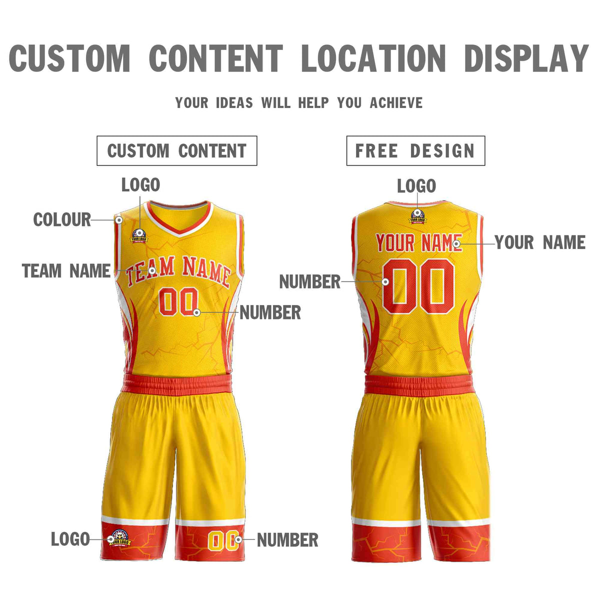 Custom Gold Orange-White Graffiti Pattern Kits Lightning Basketball Jersey