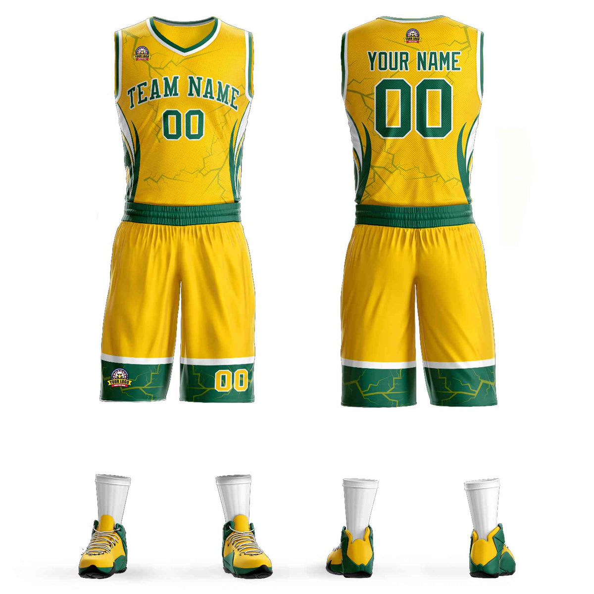 Custom Gold Kelly Green-White Graffiti Pattern Kits Lightning Basketball Jersey