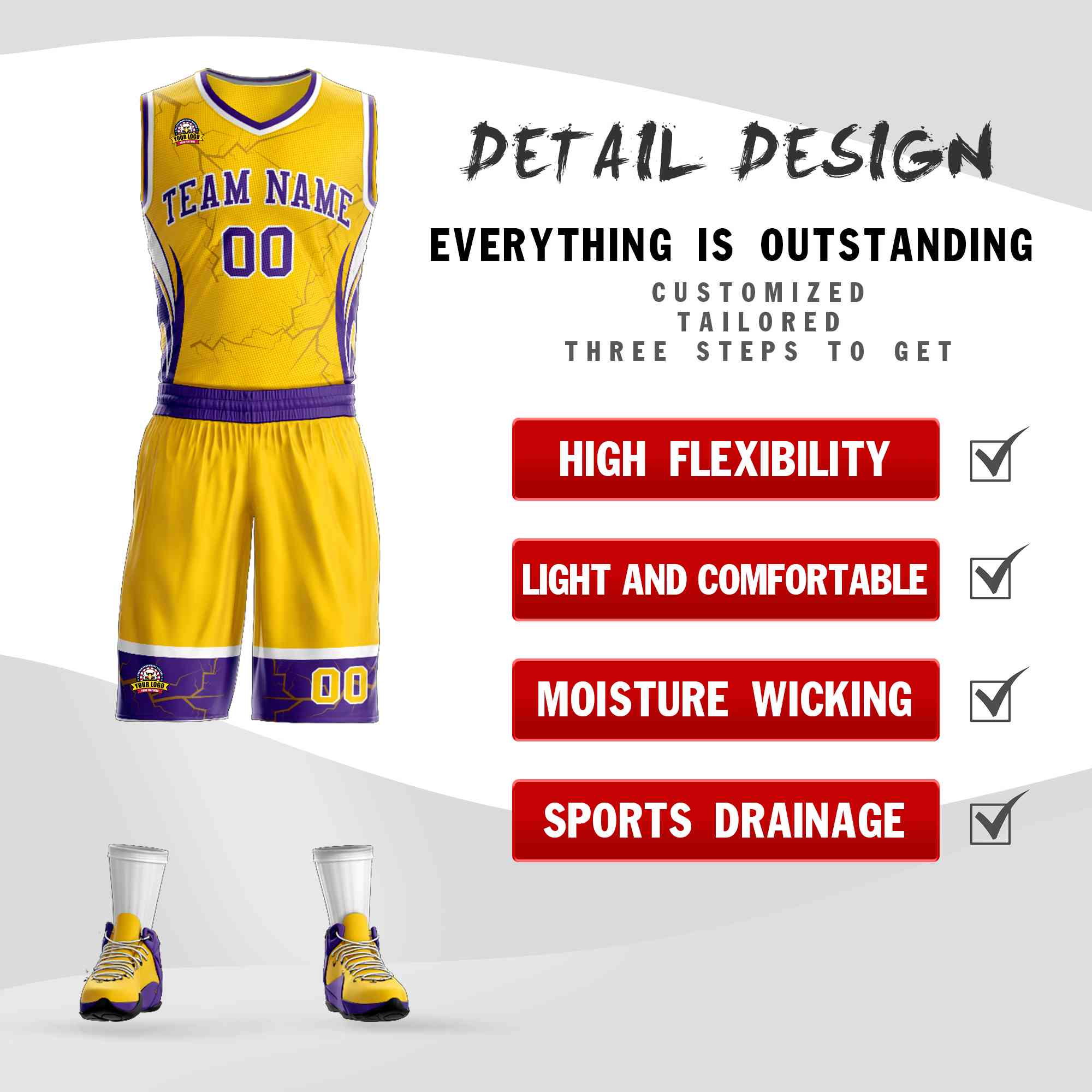 Custom Gold Purple-White Graffiti Pattern Kits Lightning Basketball Jersey