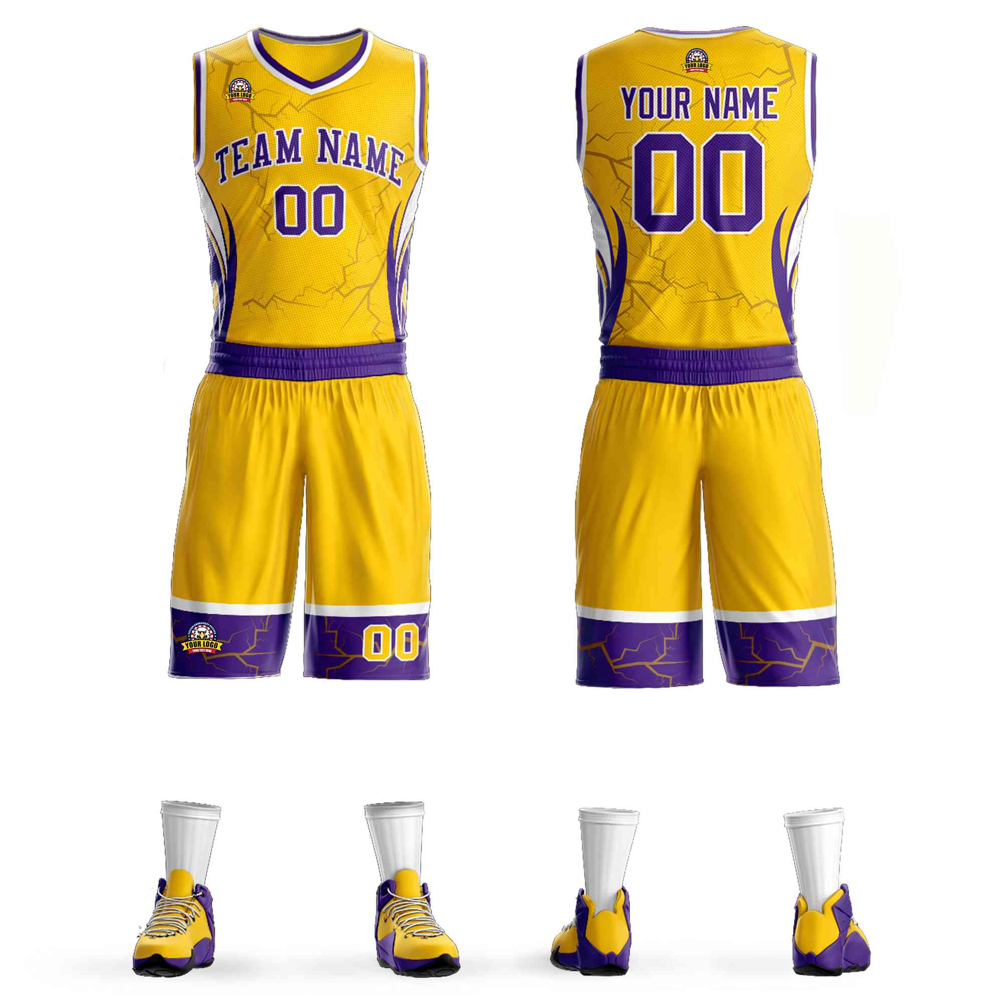 Custom Gold Purple-White Graffiti Pattern Kits Lightning Basketball Jersey