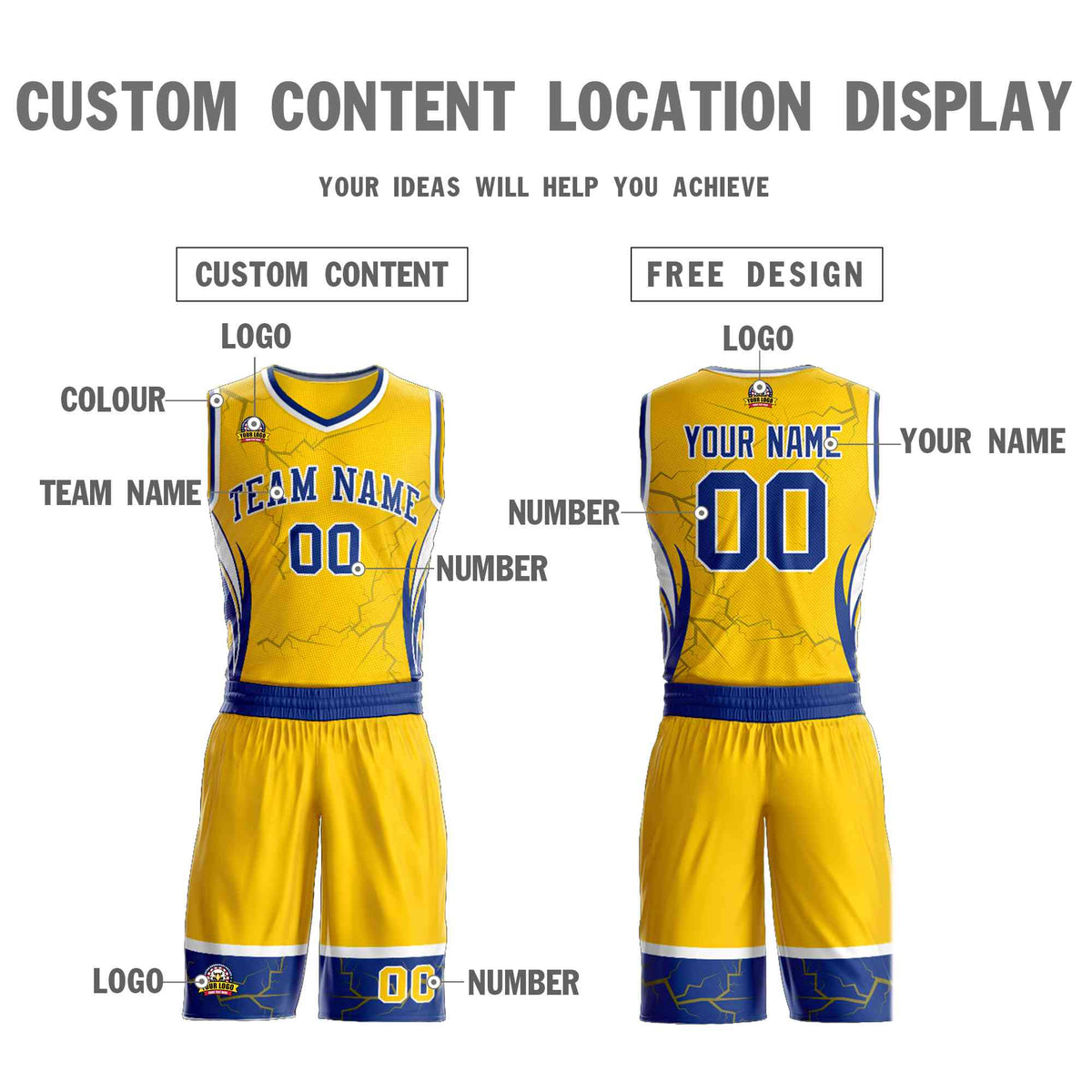 Custom Gold Royal-White Graffiti Pattern Kits Lightning Basketball Jersey
