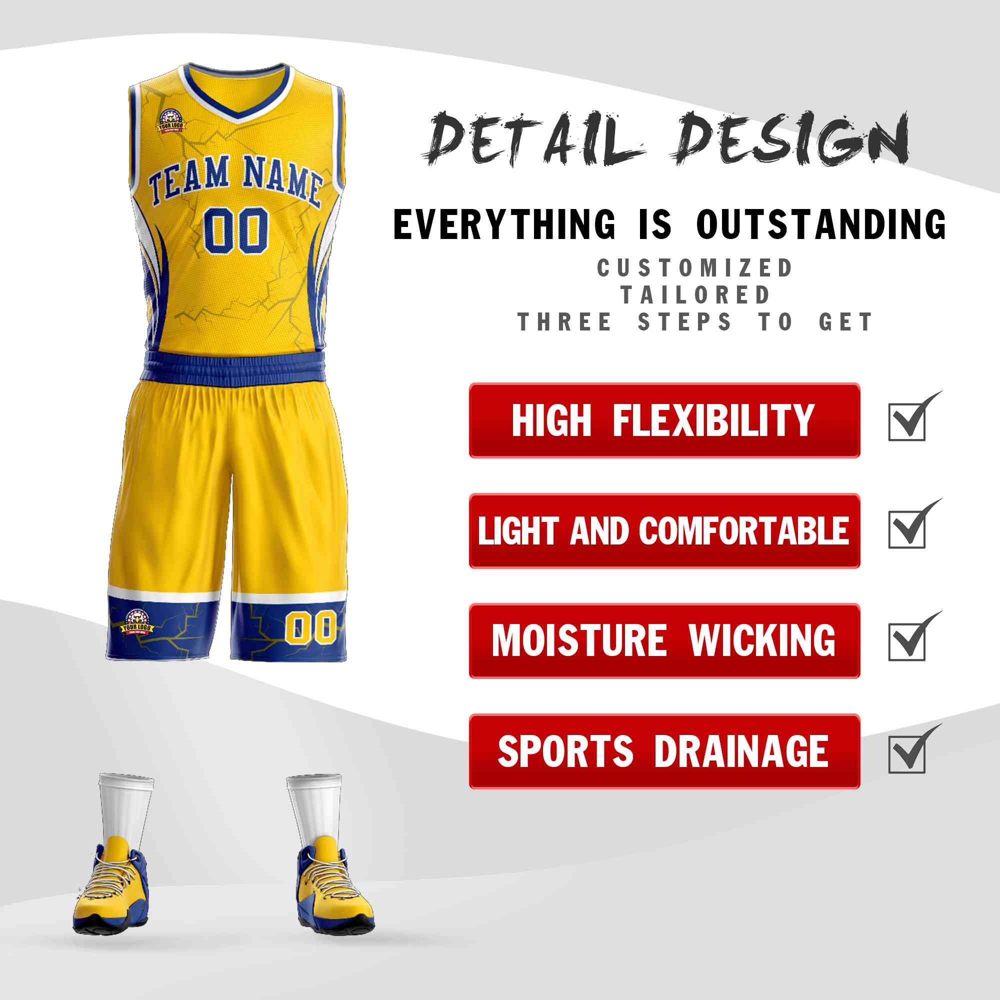 Custom Gold Royal-White Graffiti Pattern Kits Lightning Basketball Jersey