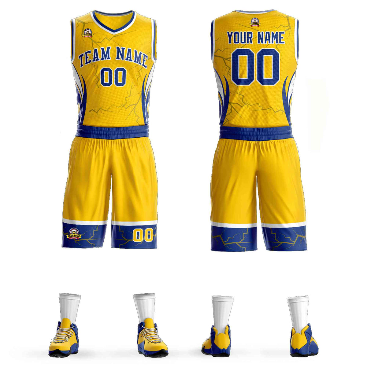 Custom Gold Royal-White Graffiti Pattern Kits Lightning Basketball Jersey