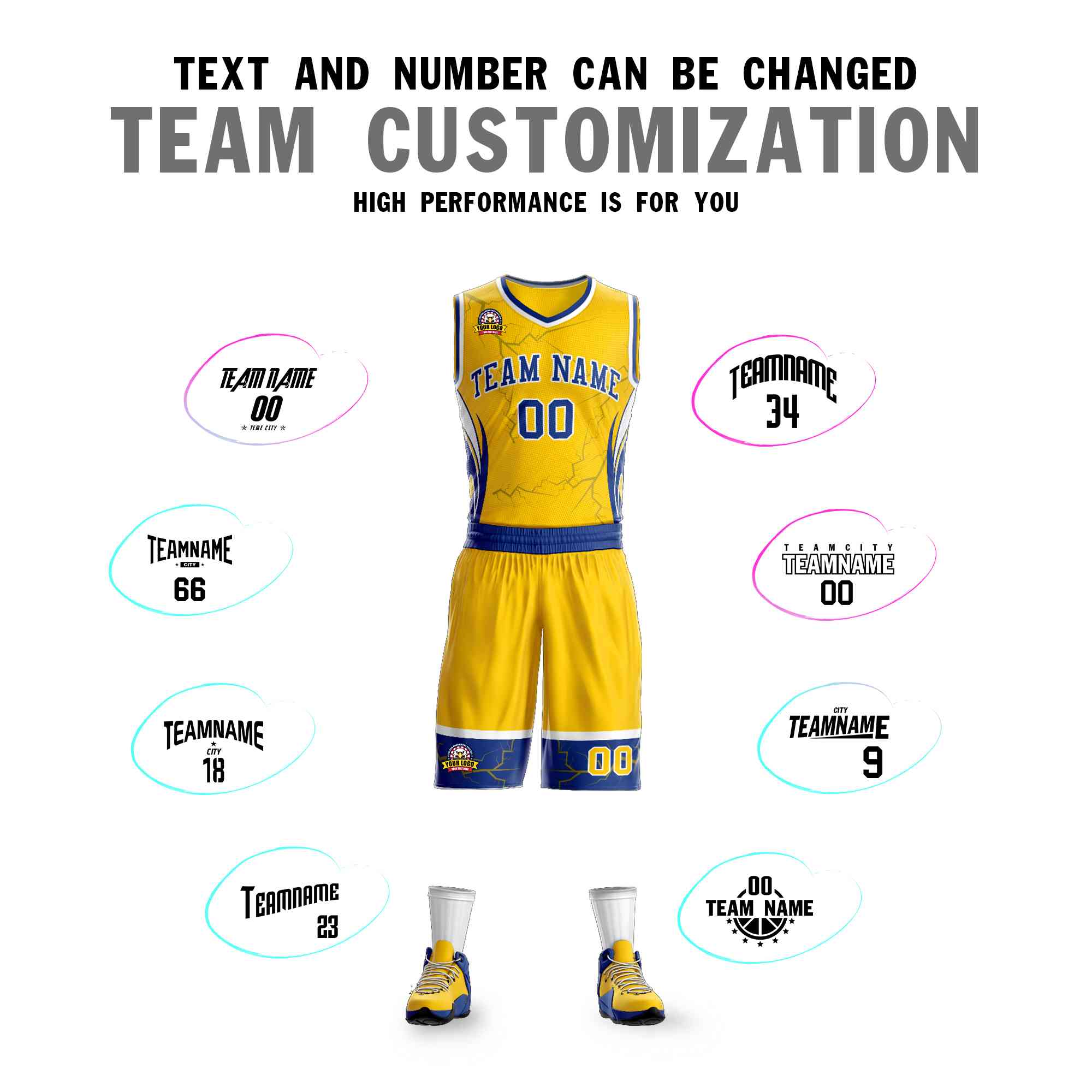 Custom Gold Royal-White Graffiti Pattern Kits Lightning Basketball Jersey
