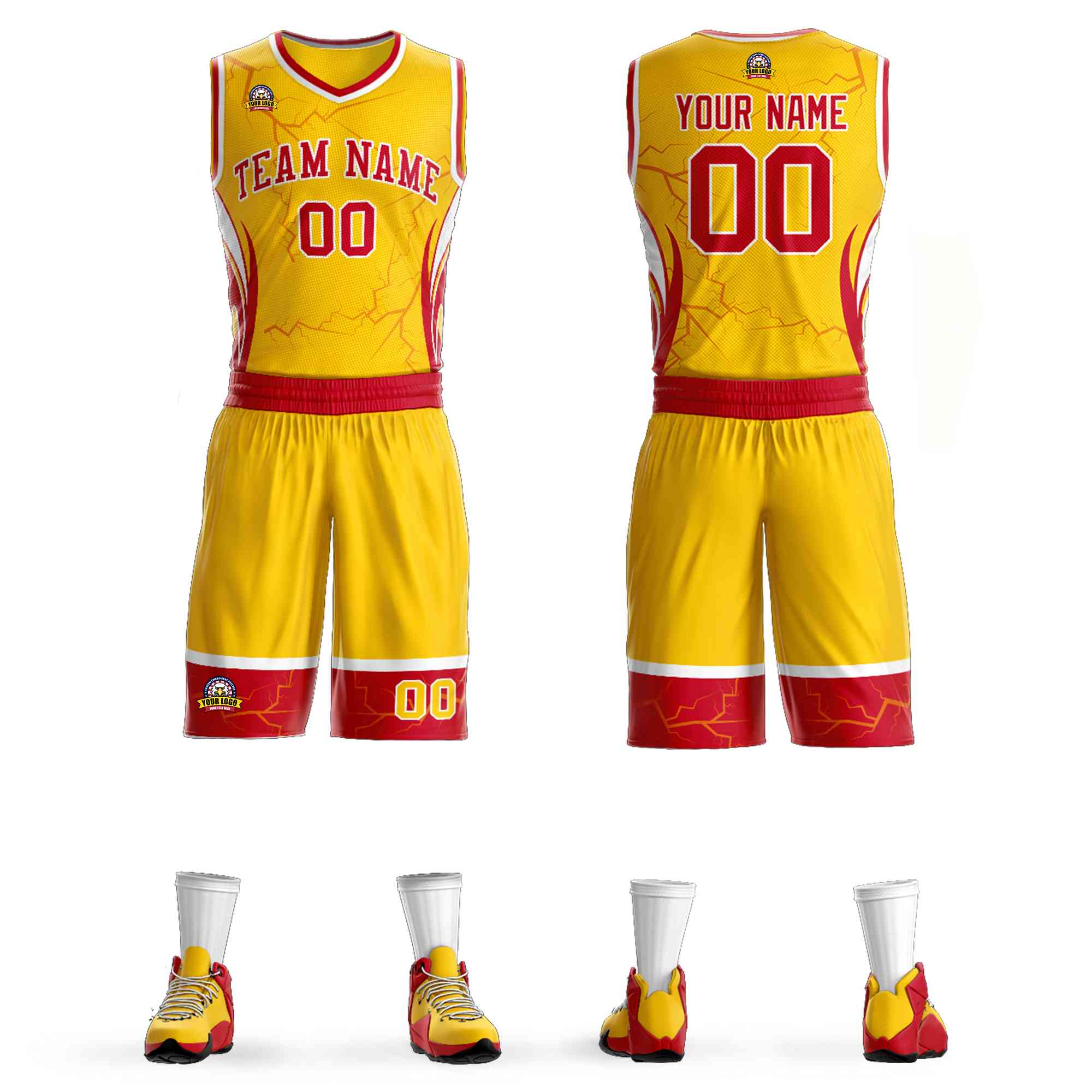 Custom Gold Red-White Graffiti Pattern Kits Lightning Basketball Jersey