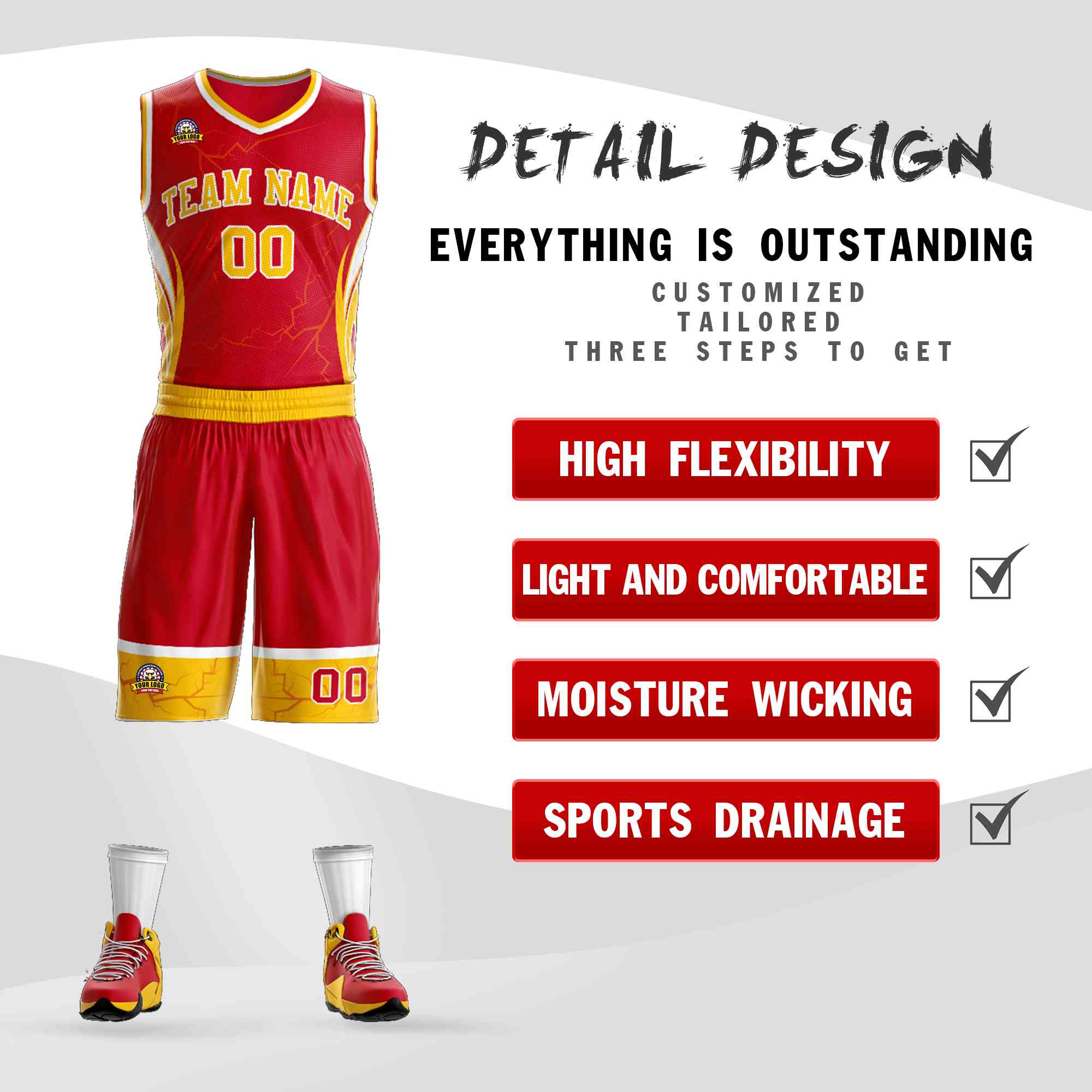 Custom Red Gold-White Graffiti Pattern Kits Lightning Basketball Jersey