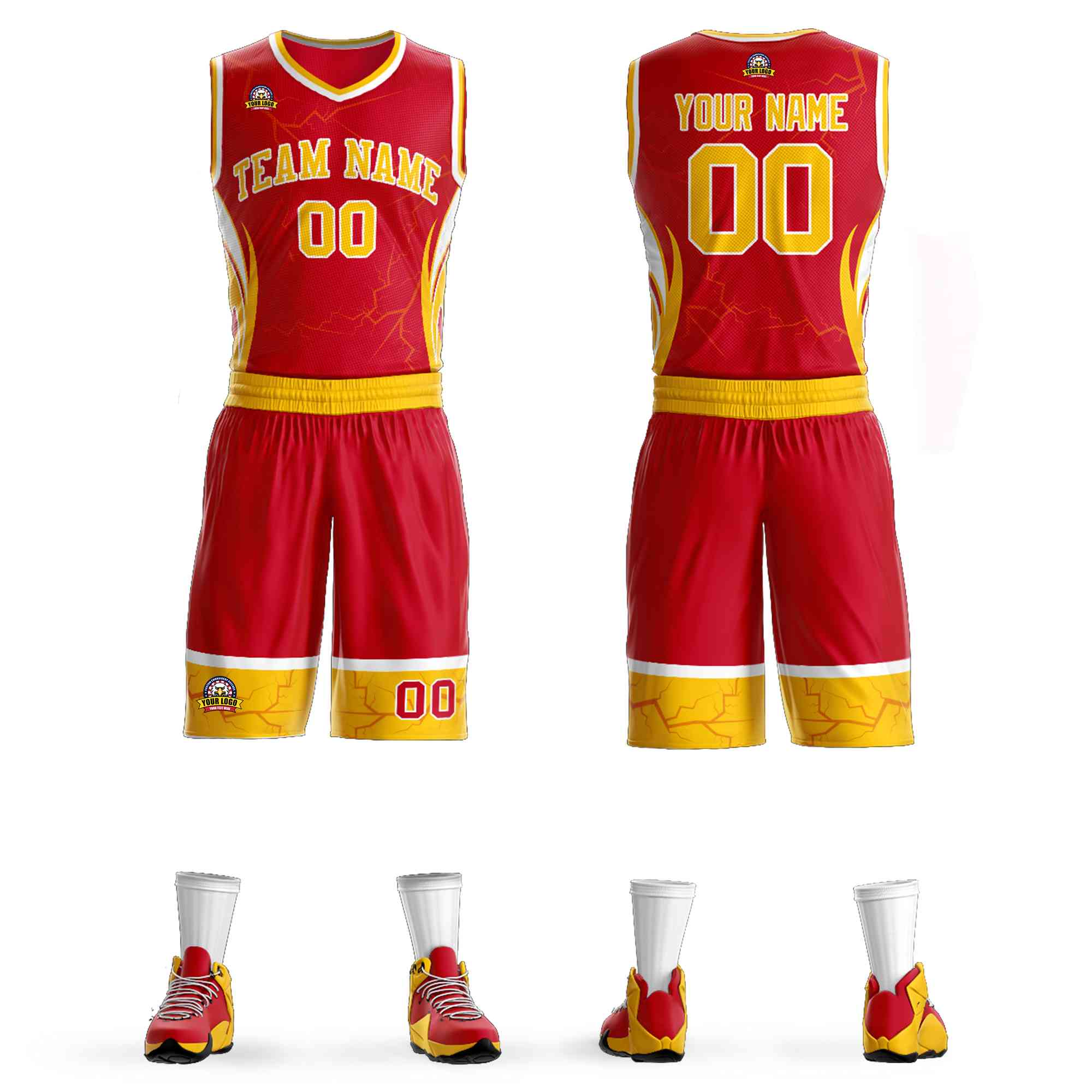 Custom Red Gold-White Graffiti Pattern Kits Lightning Basketball Jersey