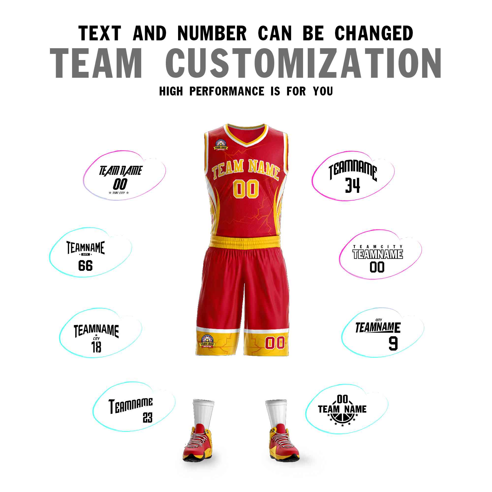 Custom Red Gold-White Graffiti Pattern Kits Lightning Basketball Jersey