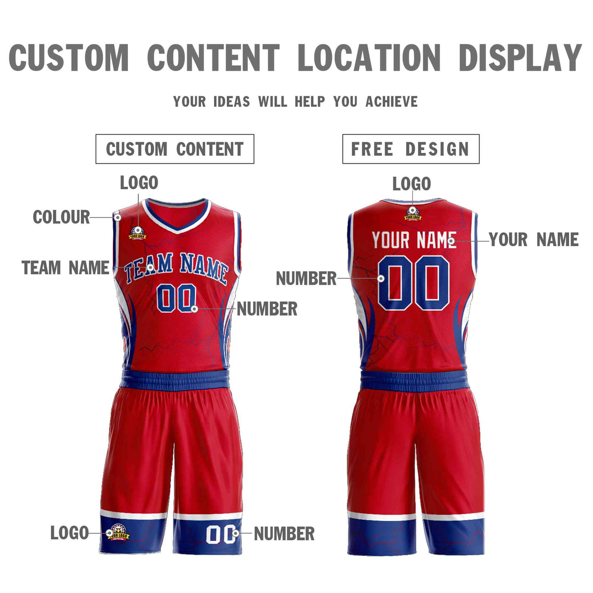 Custom Red Royal-White Graffiti Pattern Kits Lightning Basketball Jersey
