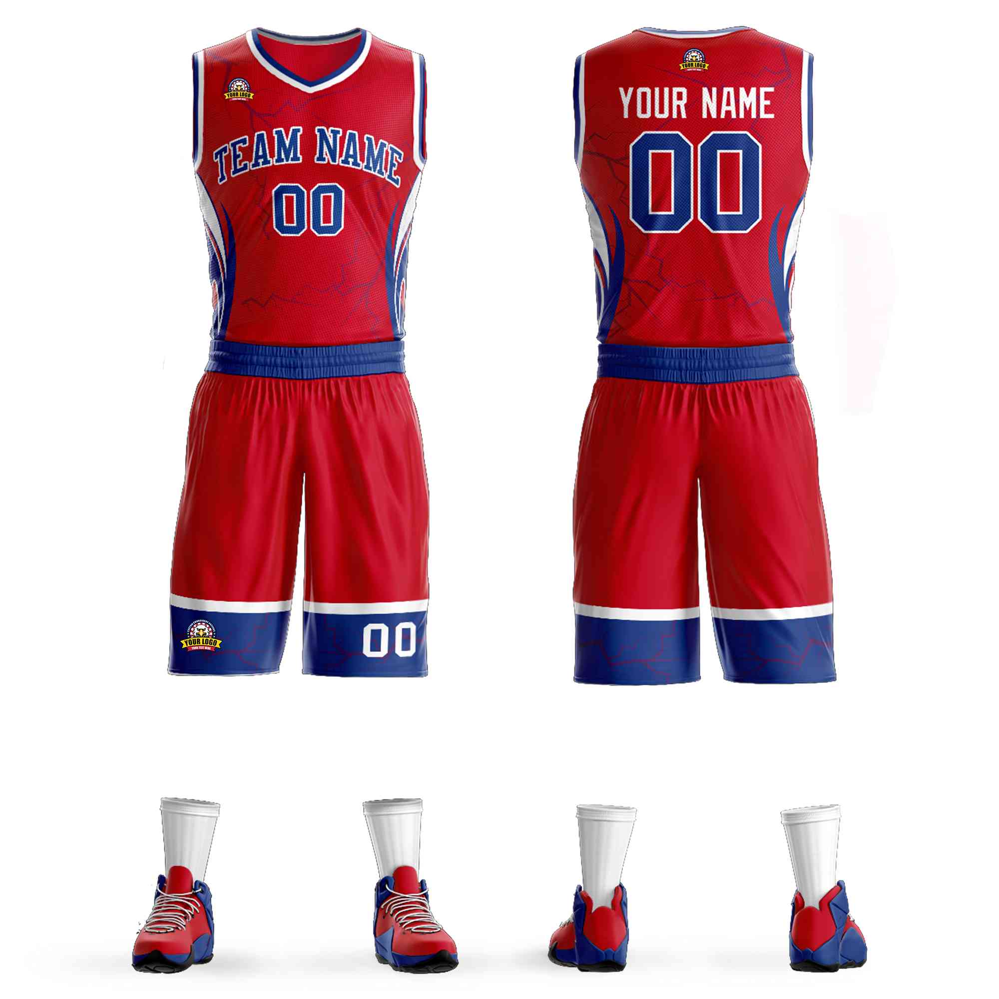 Custom Red Royal-White Graffiti Pattern Kits Lightning Basketball Jersey