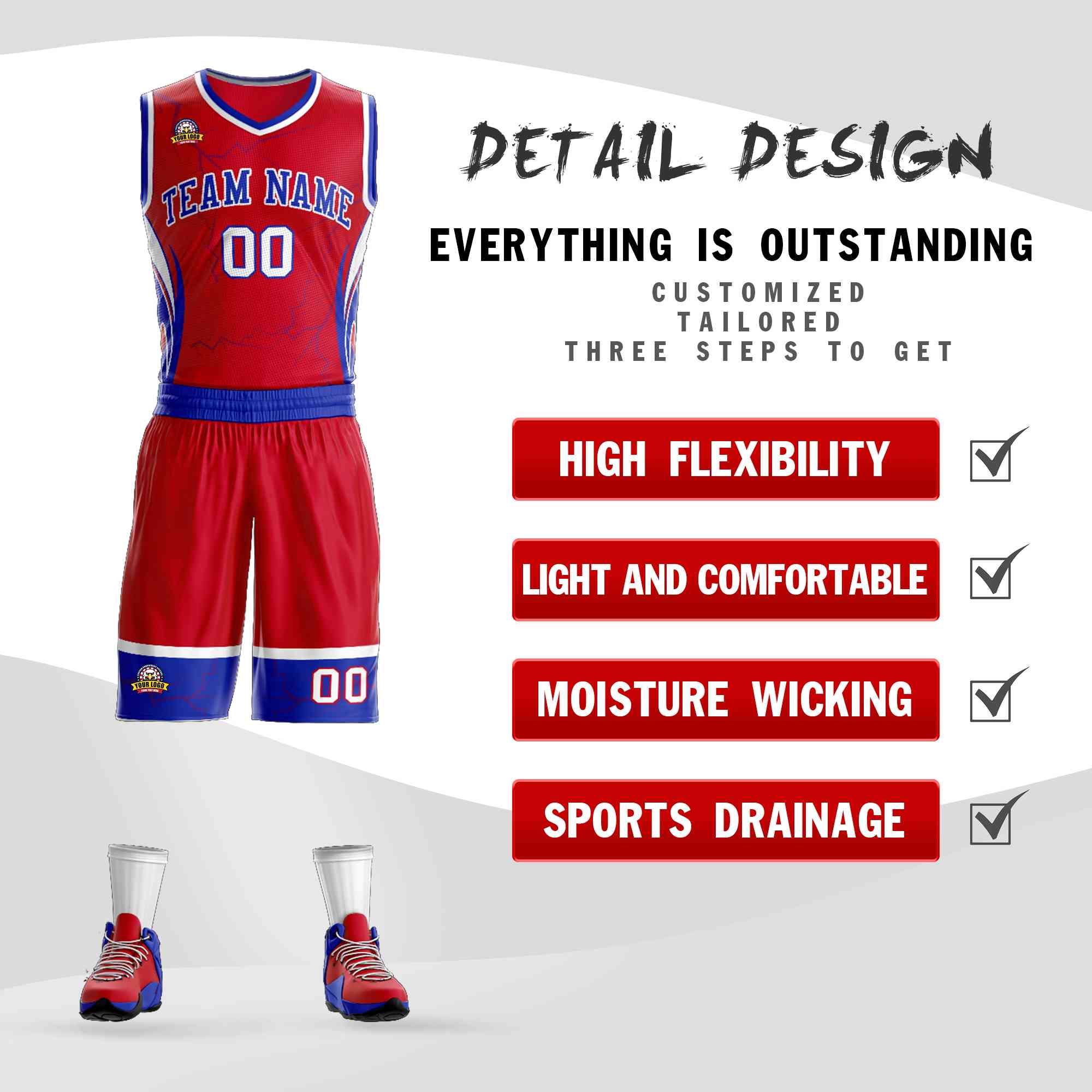 Custom Red Royal-White Graffiti Pattern Kits Lightning Basketball Jersey