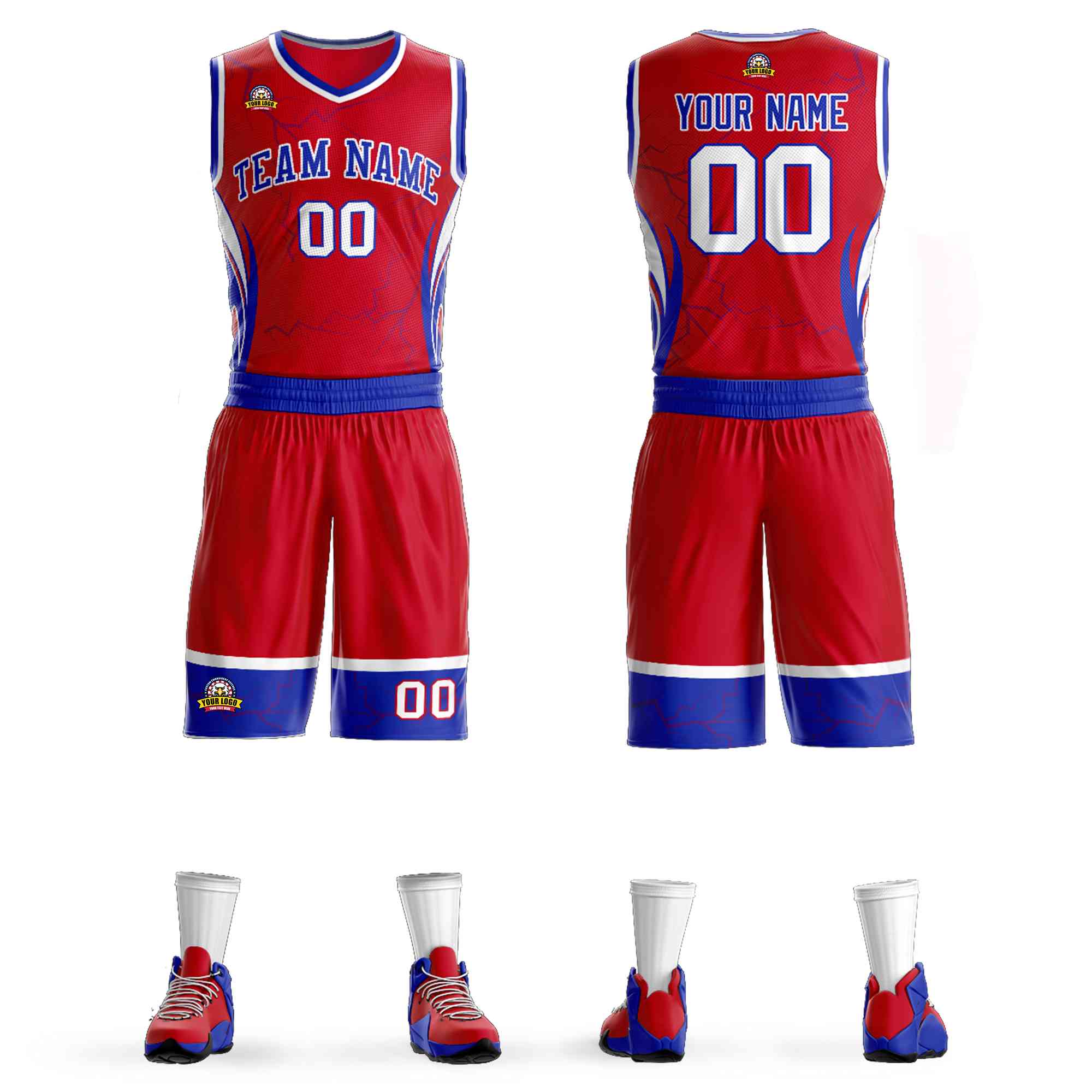 Custom Red Royal-White Graffiti Pattern Kits Lightning Basketball Jersey
