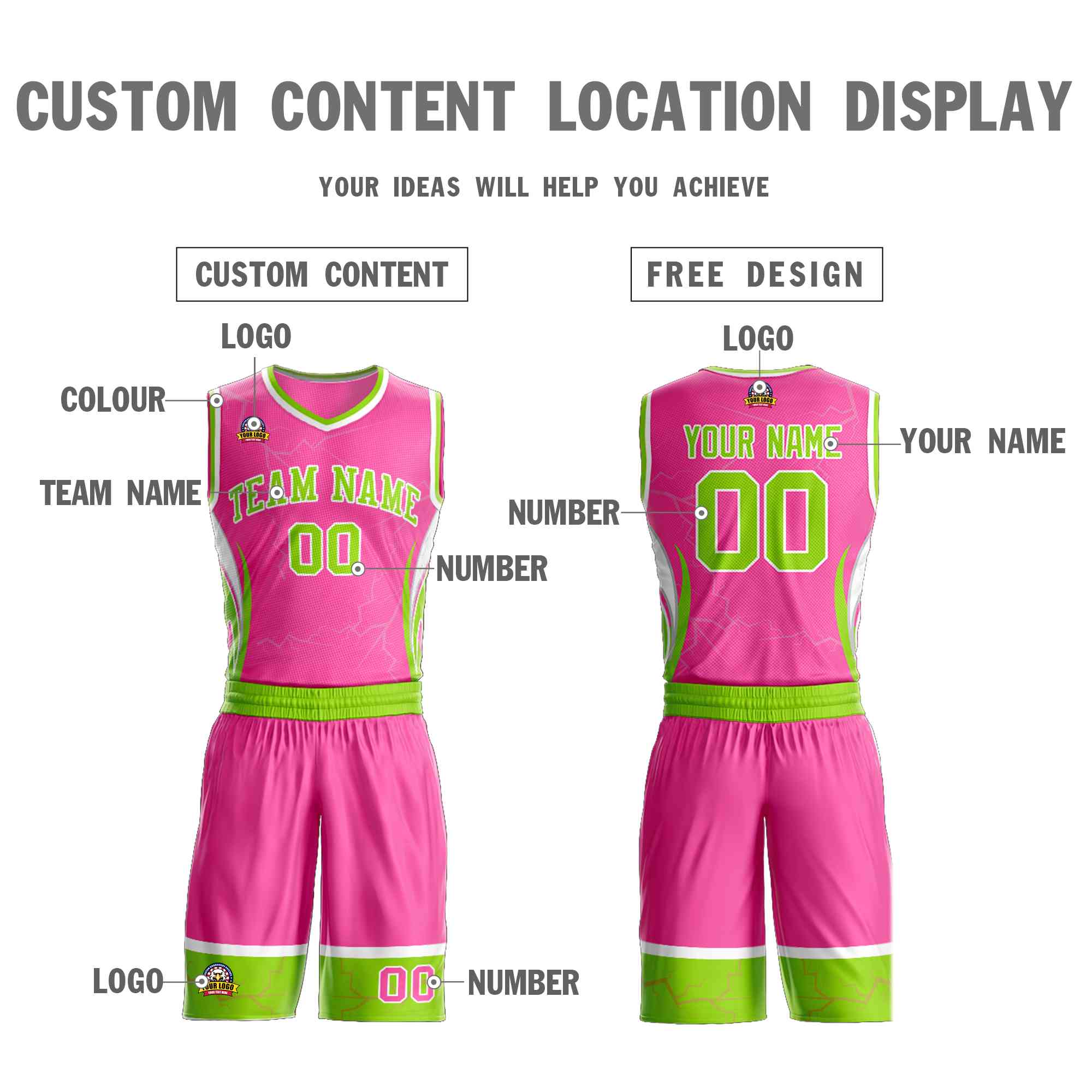 Custom Pink Neon Green-White Graffiti Pattern Kits Lightning Basketball Jersey