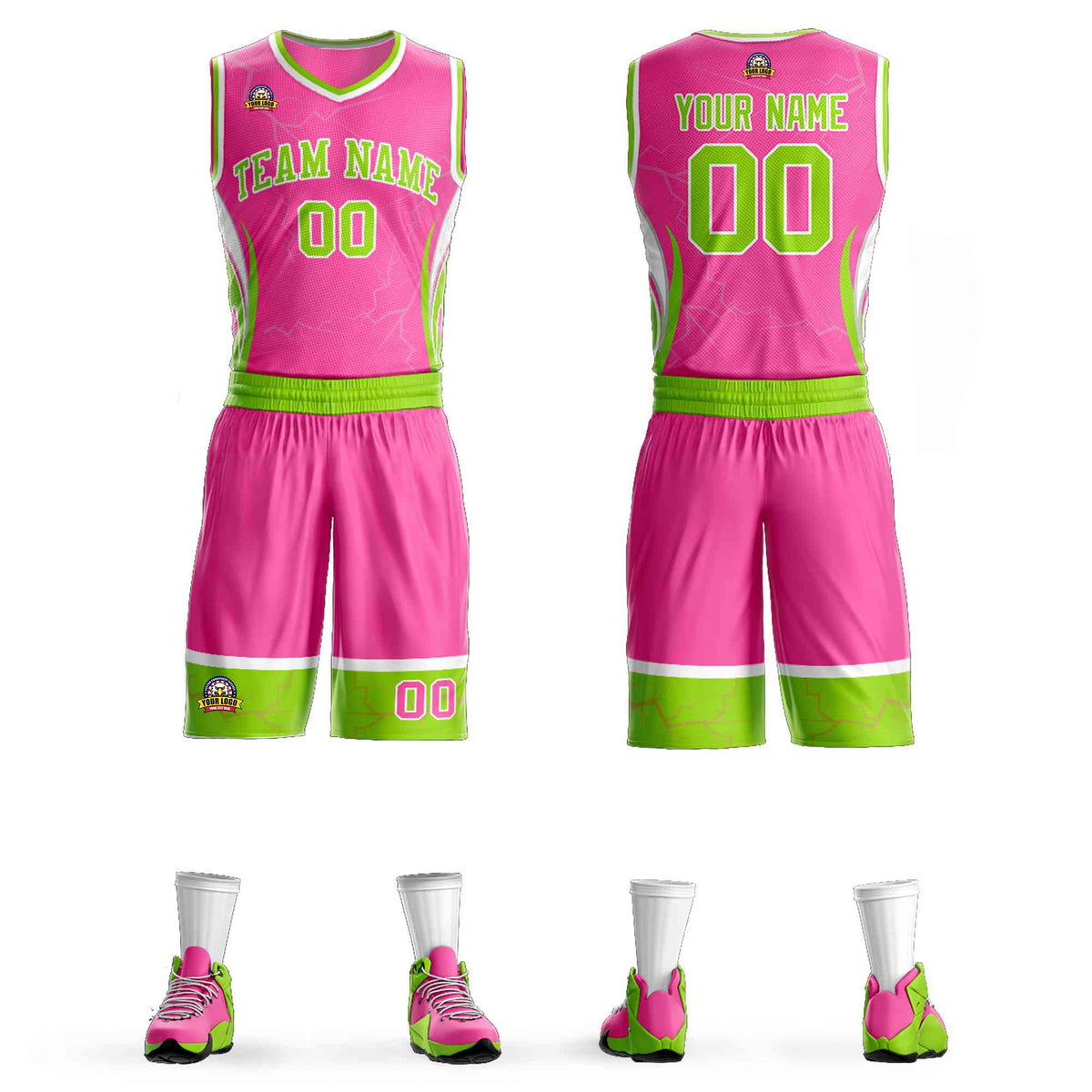 Custom Pink Neon Green-White Graffiti Pattern Kits Lightning Basketball Jersey