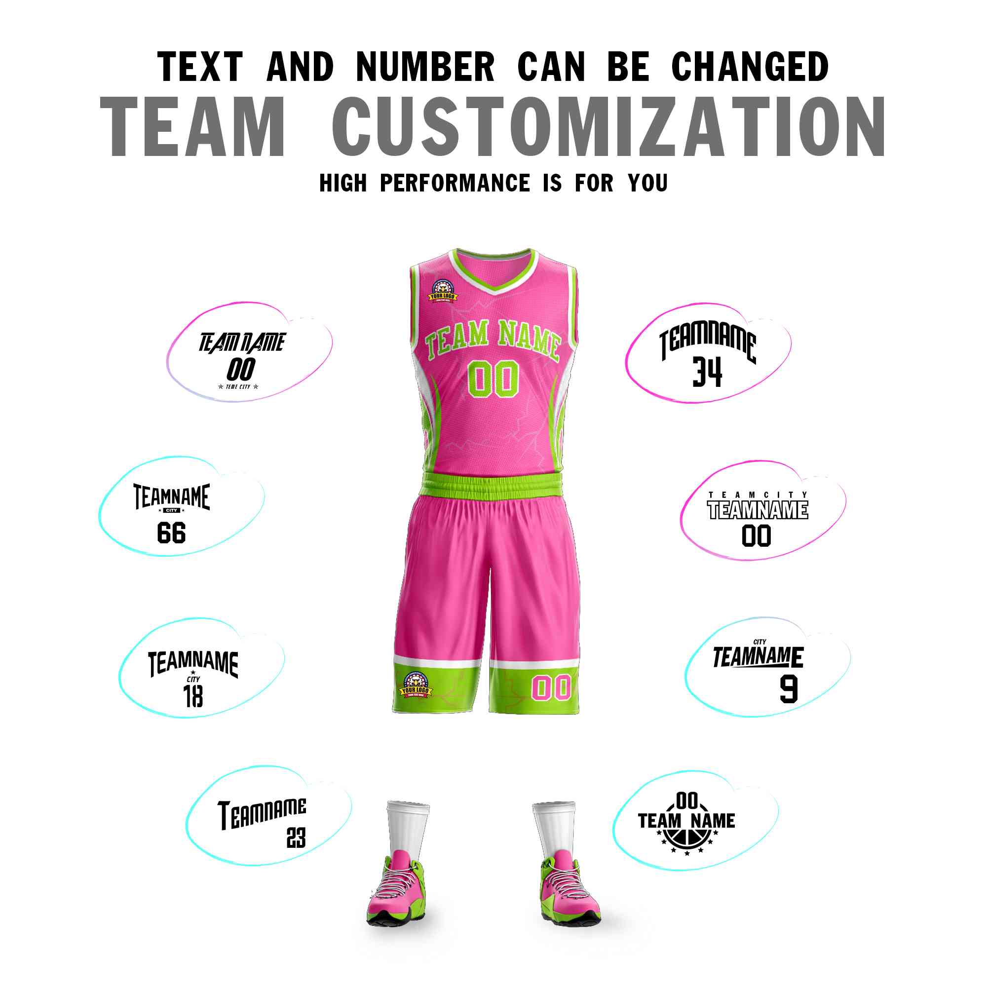 Custom Pink Neon Green-White Graffiti Pattern Kits Lightning Basketball Jersey