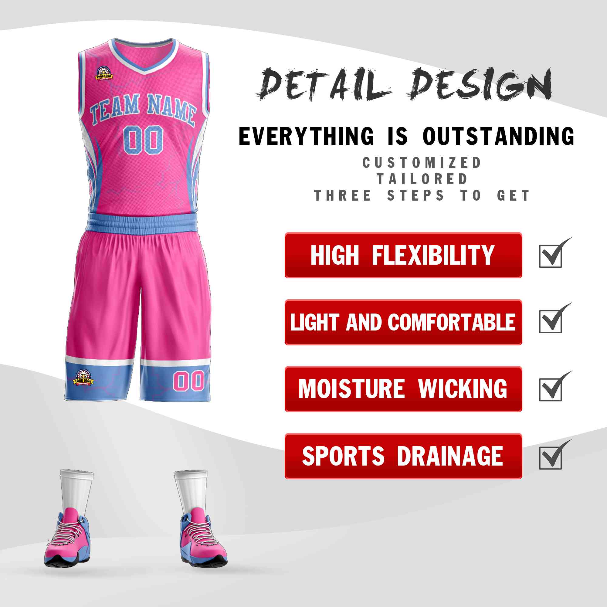 Custom Pink Powder Blue-White Graffiti Pattern Kits Lightning Basketball Jersey